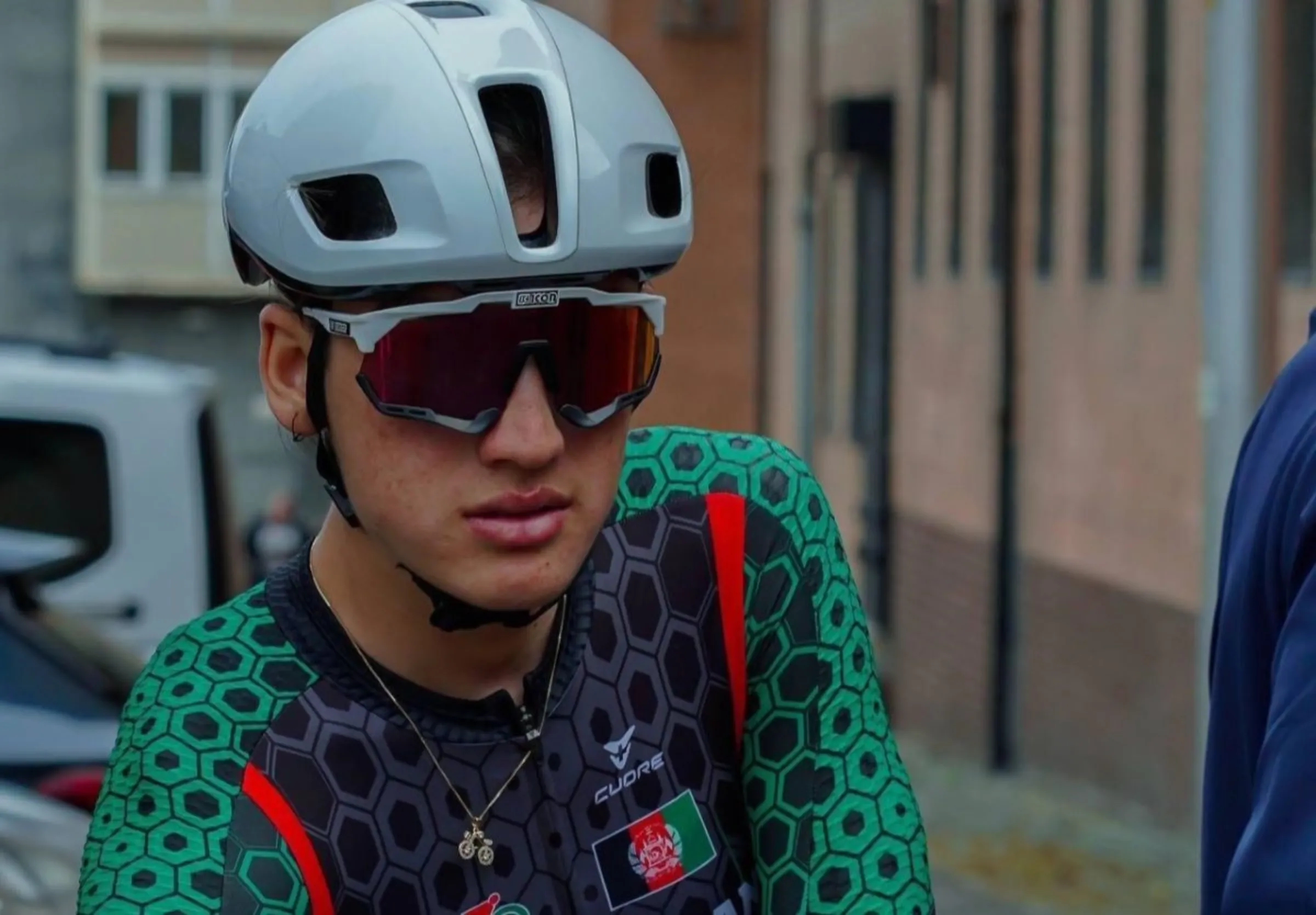 Fariba Hashimi competes at the UCI Cycling World Championships in Glasgow, Scotland in 2023. Afghanistan Cycling Federation/Handout via Thomson Reuters Foundation