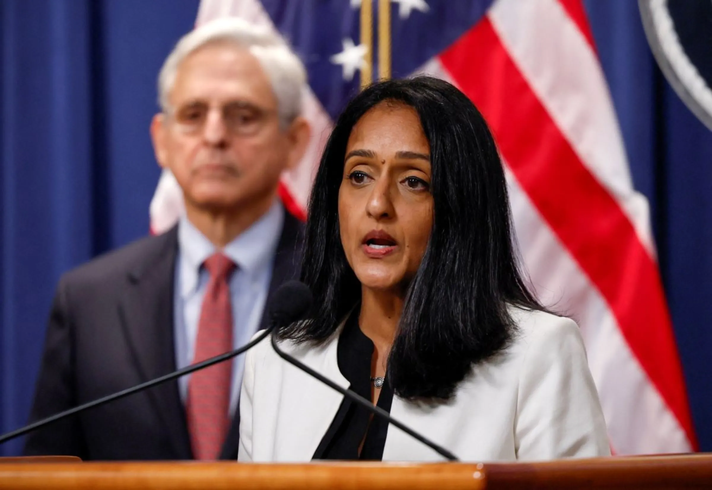 U.S. Associate Attorney General Vanita Gupta delivers remarks during the announcement that the U.S. is suing Idaho over a state law that imposes a 'near-absolute ban' on abortion at the Department of Justice in Washington, U.S., August 2, 2022. REUTERS/Evelyn Hockstein