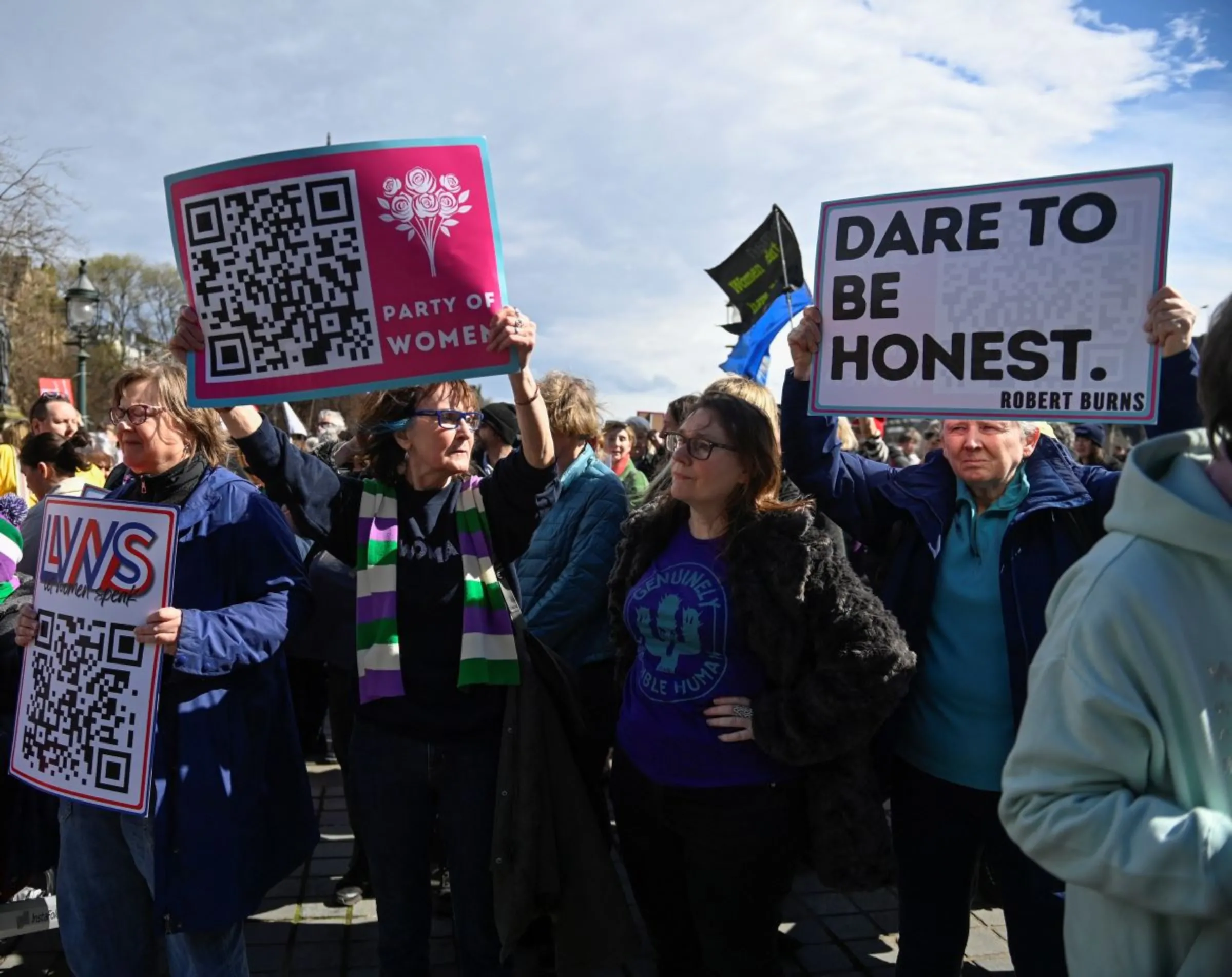 Anti–transgender rights activists attend a rally called 'Let Women Speak' outside the Royal Scottish Academy in Edinburgh, Britain, April 6, 2024. REUTERS/Lesley Martin