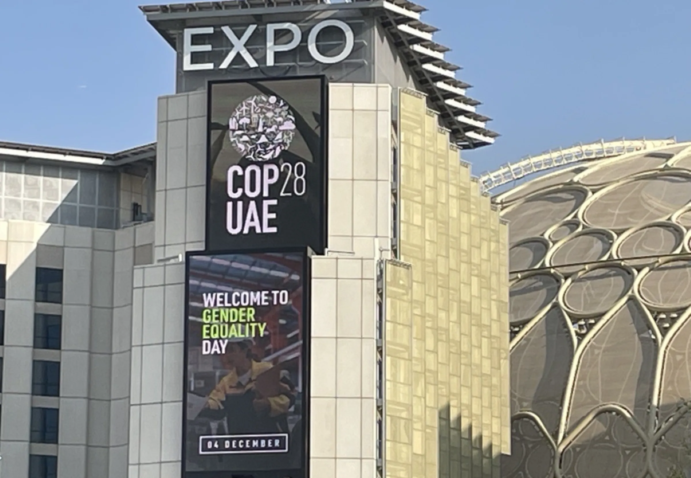 Electronic signs at the COP28 U.N. climate conference show that Monday was Gender Equality Day at the talks in Dubai, United Arab Emirates, Dec. 4, 2023