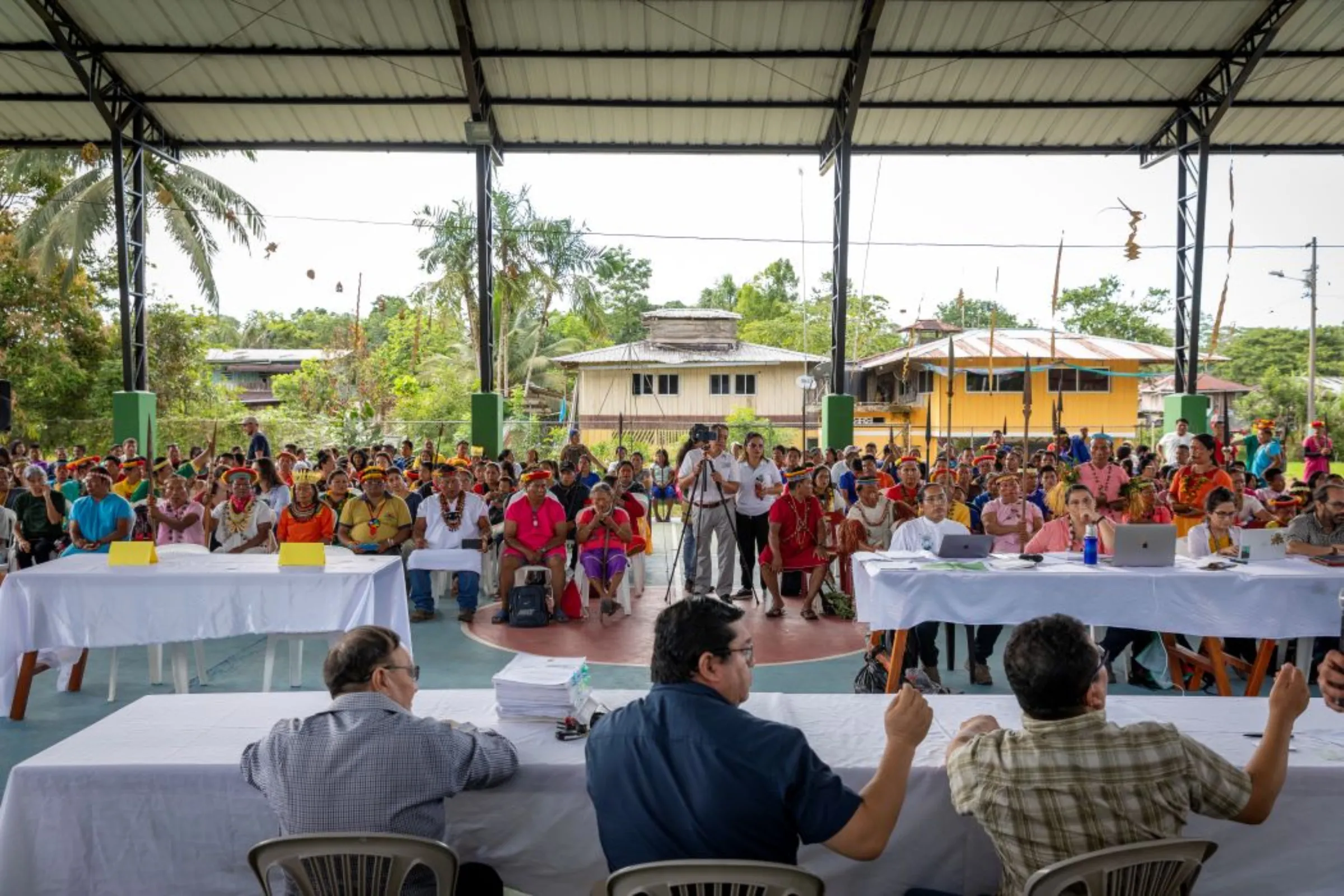 A three-judge panel listens to oral testimony from Siekopai elders and youth.