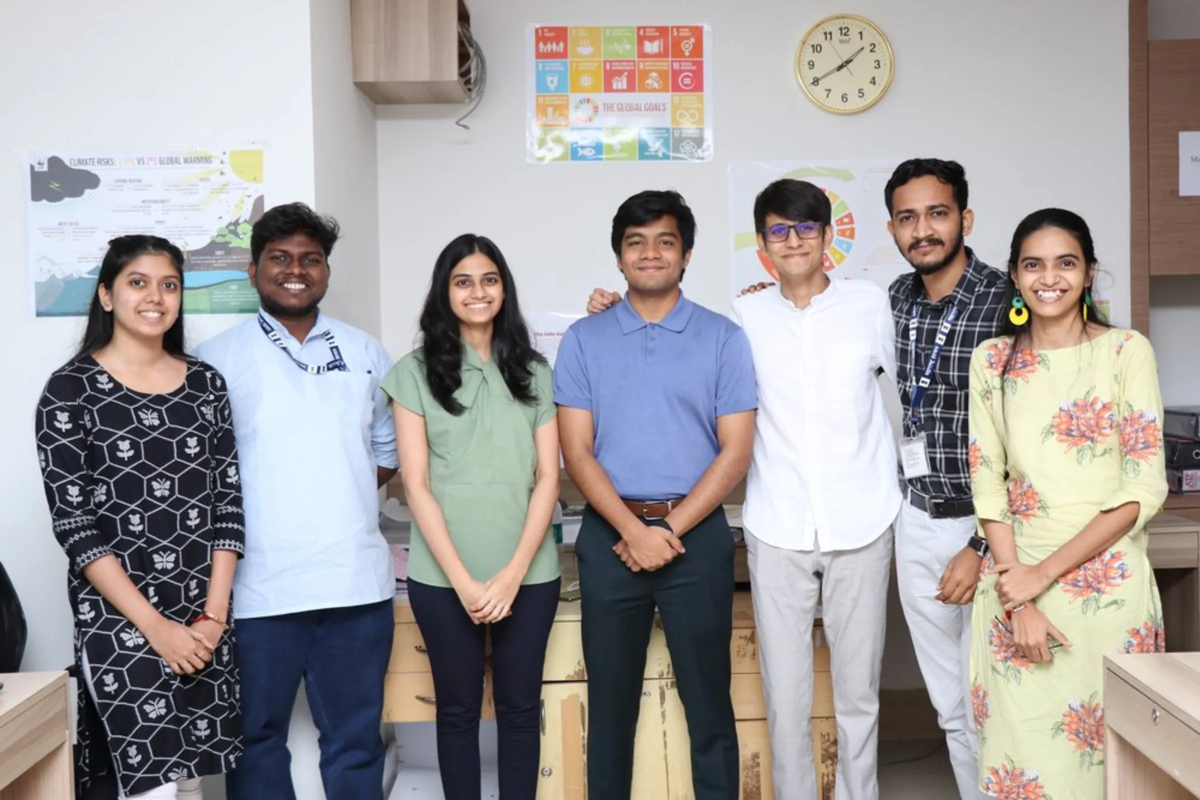 Members of a team of young climate fellows chosen by Maharastra state – including Saurabh Punamiya-Jain, at center in blue - pose for a photograph at their office in Mumbai, India, September 2, 2021