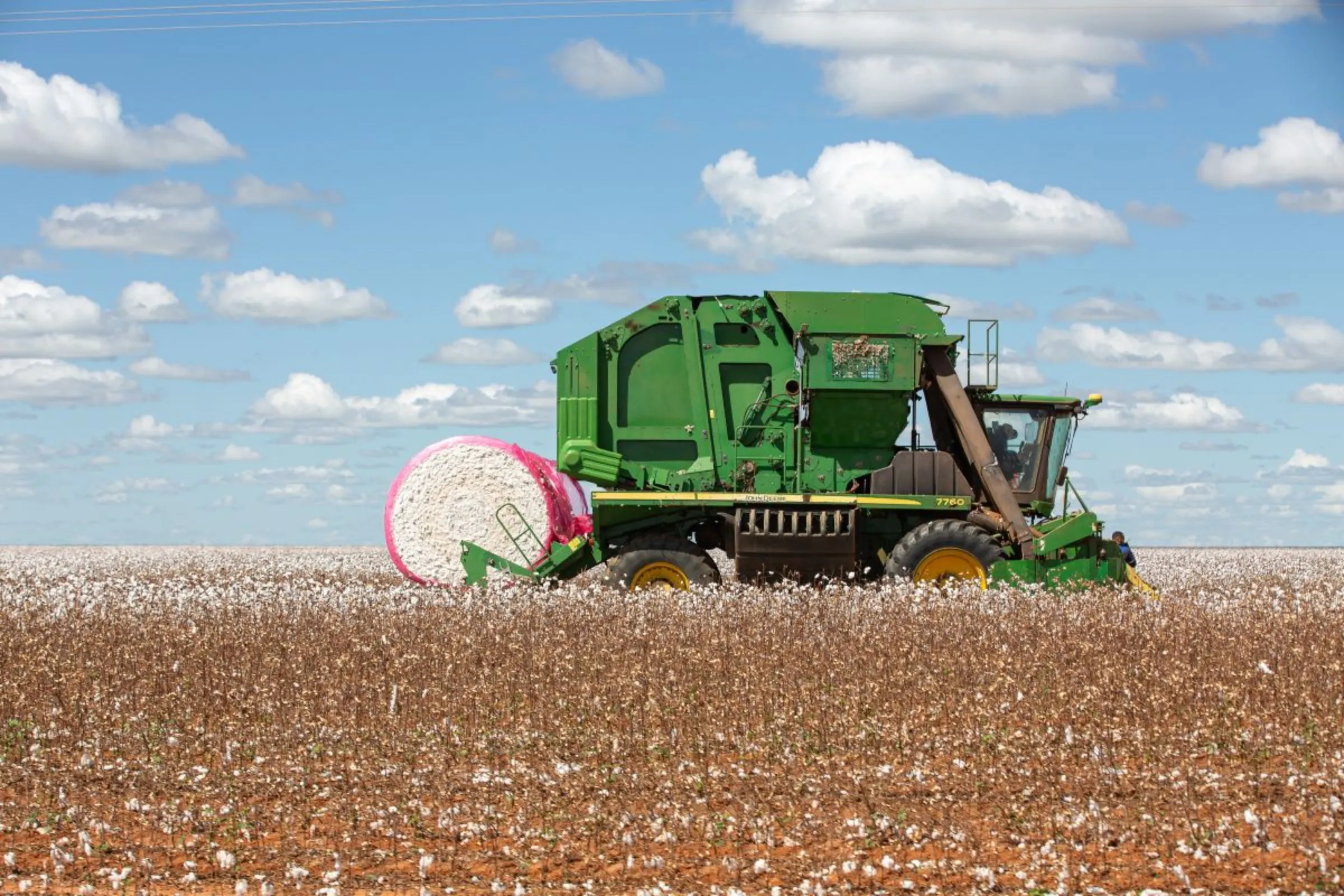 Cotton is harvested on a farm in the Cerrado region in Bahia state, Brazil. June, 2023. Thomas Bauer/Earthsight/Handout via Thomson Reuters Foundation
