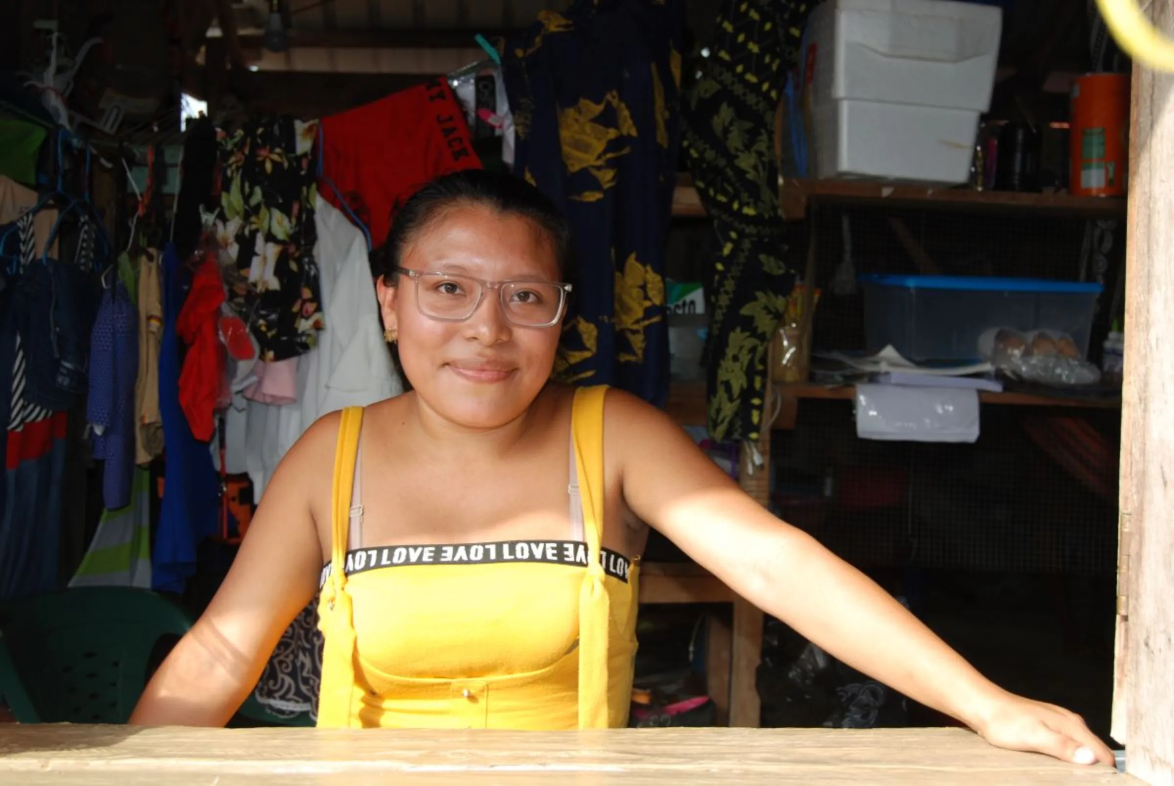 Gardi Sugdub island resident and university student Katlein Montalla at the family home and store, Panama. February 17, 2024. Thomson Reuters Foundation / Anastasia Moloney