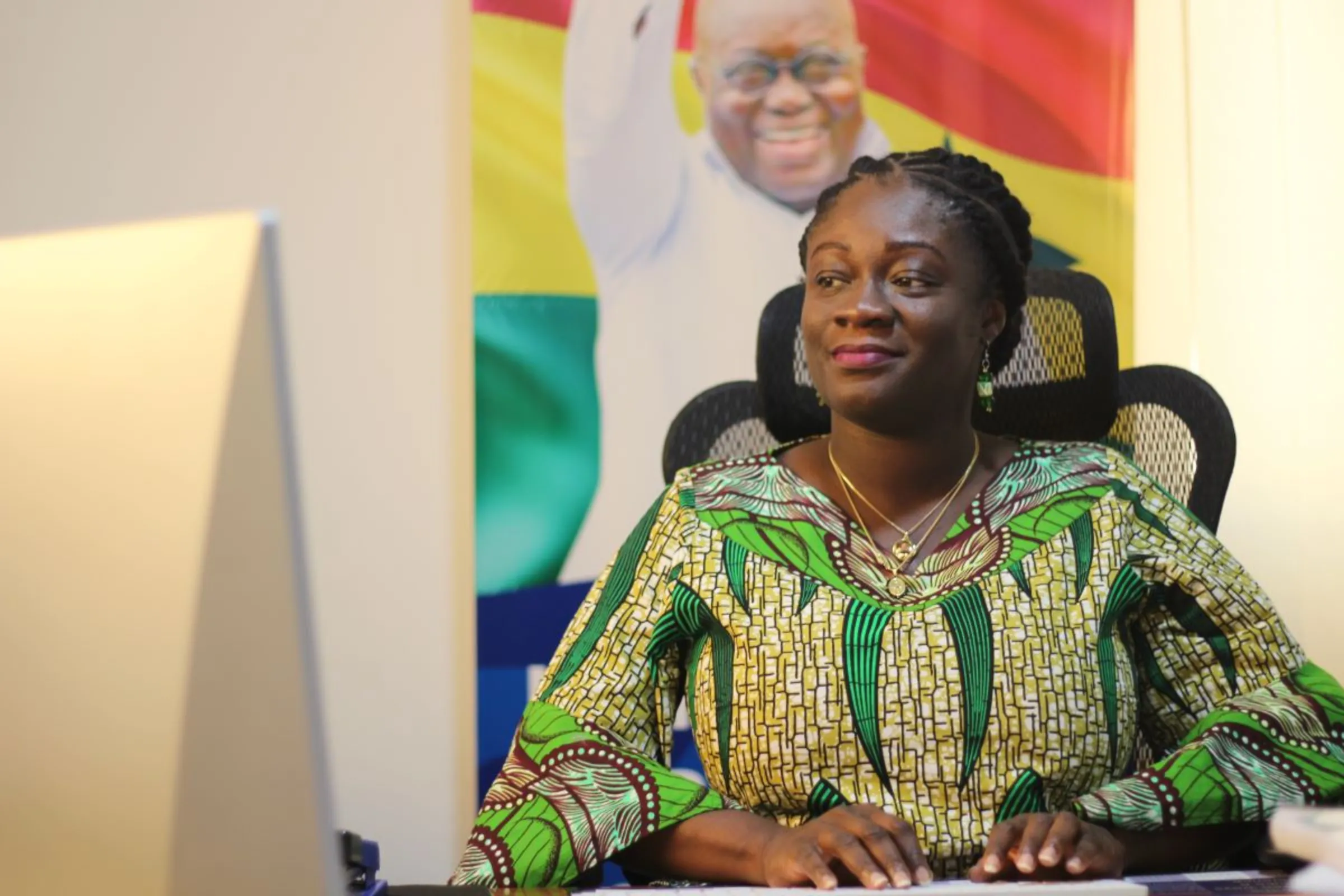 Kosi Yankey-Ayeh, head of Ghana’s enterprise agency pictured at her desk on June 12, 2023