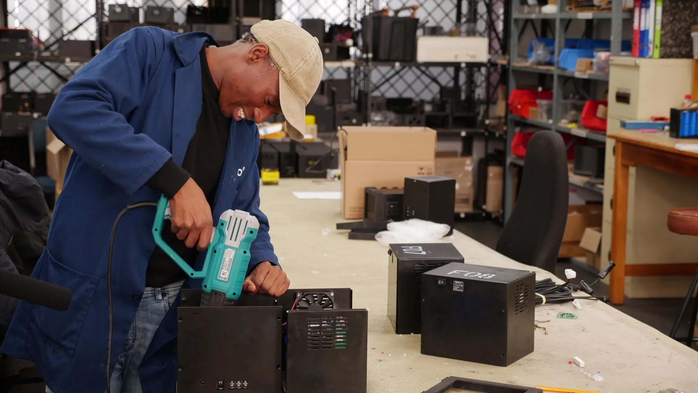 Peco Power, the company that builds the solar power bricks, operates out of the University of the Witswatersrand, where they are continuously building on their models to suit the needs of South African communities, Johannesburg, South Africa, April 11, 2025. Thomson Reuters Foundation/Kim Harrisberg