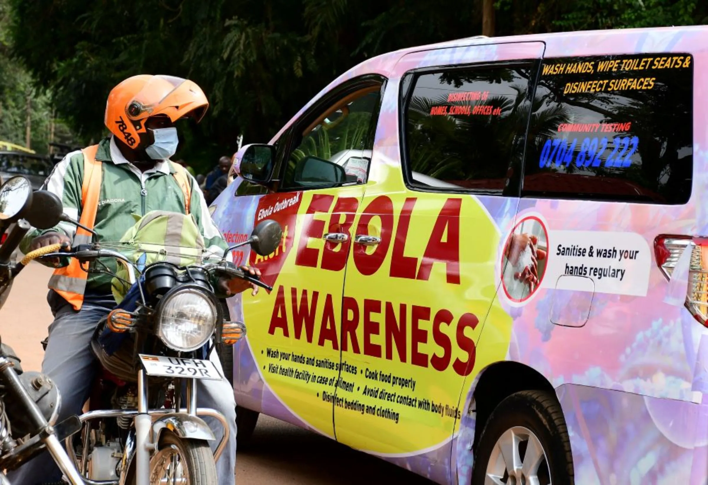An anti-Ebola advocacy van drives along Kyadondo road amid the Ebola outbreak and alert in Kampala, Uganda October 27, 2022. REUTERS/Abubaker Lubowa