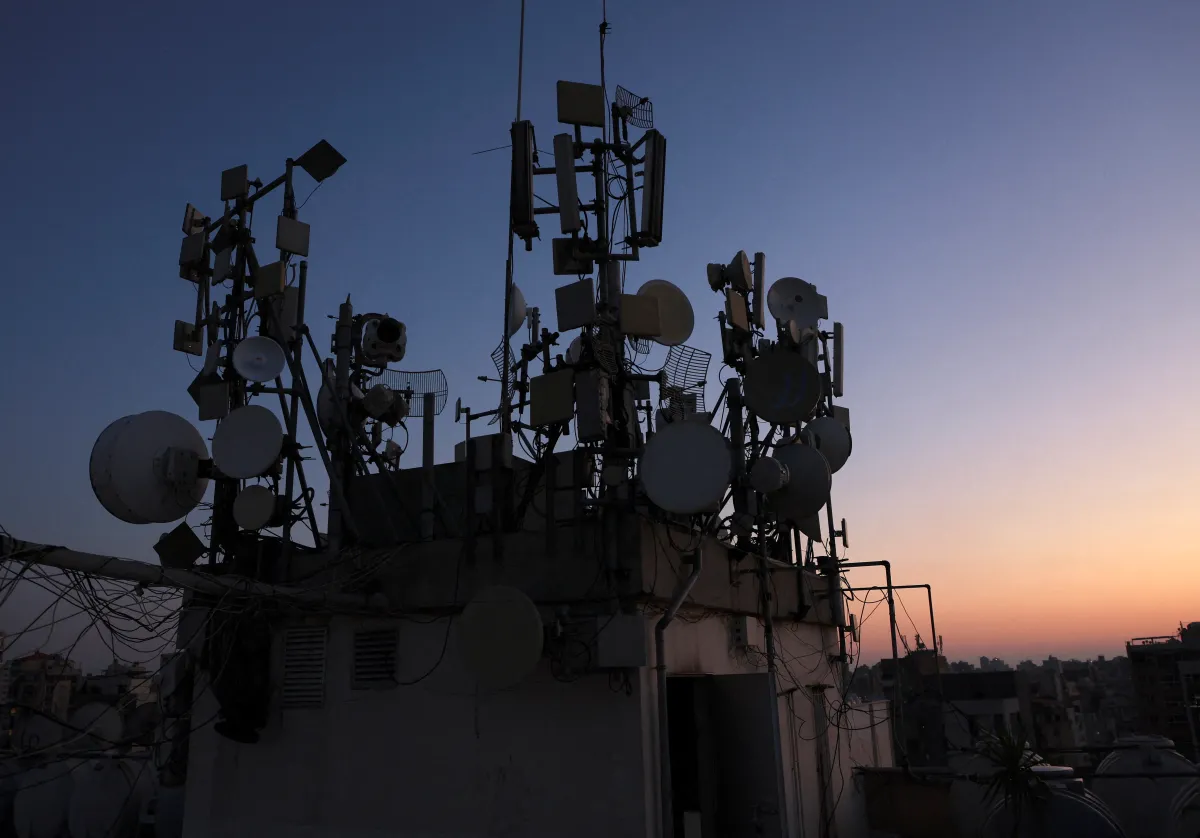 A view shows mobile telecom transmitter relays and antenna, on a rooftop of a building in Beirut, Lebanon