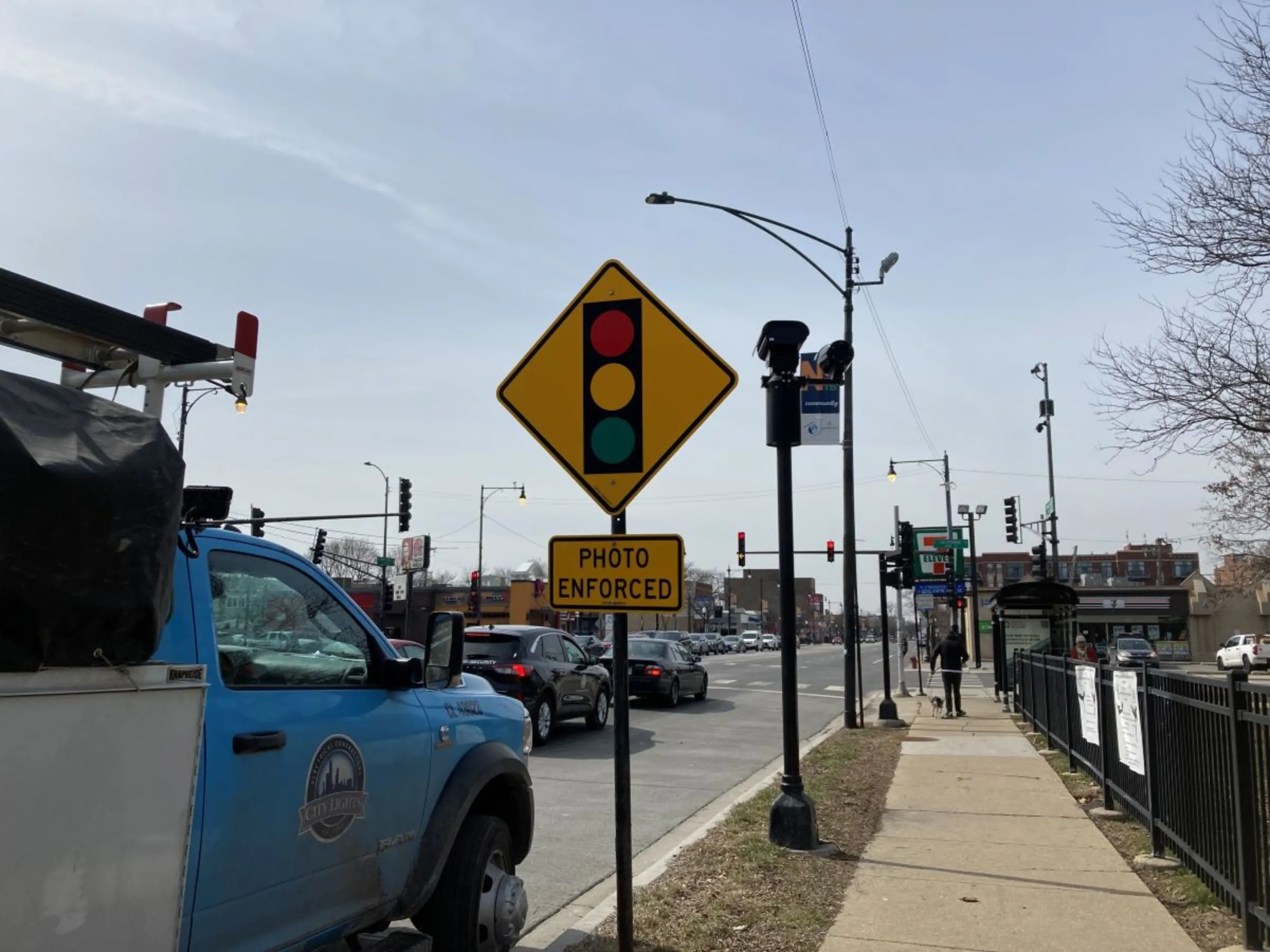 Traffic cameras monitor a Chicago intersection in March 2023