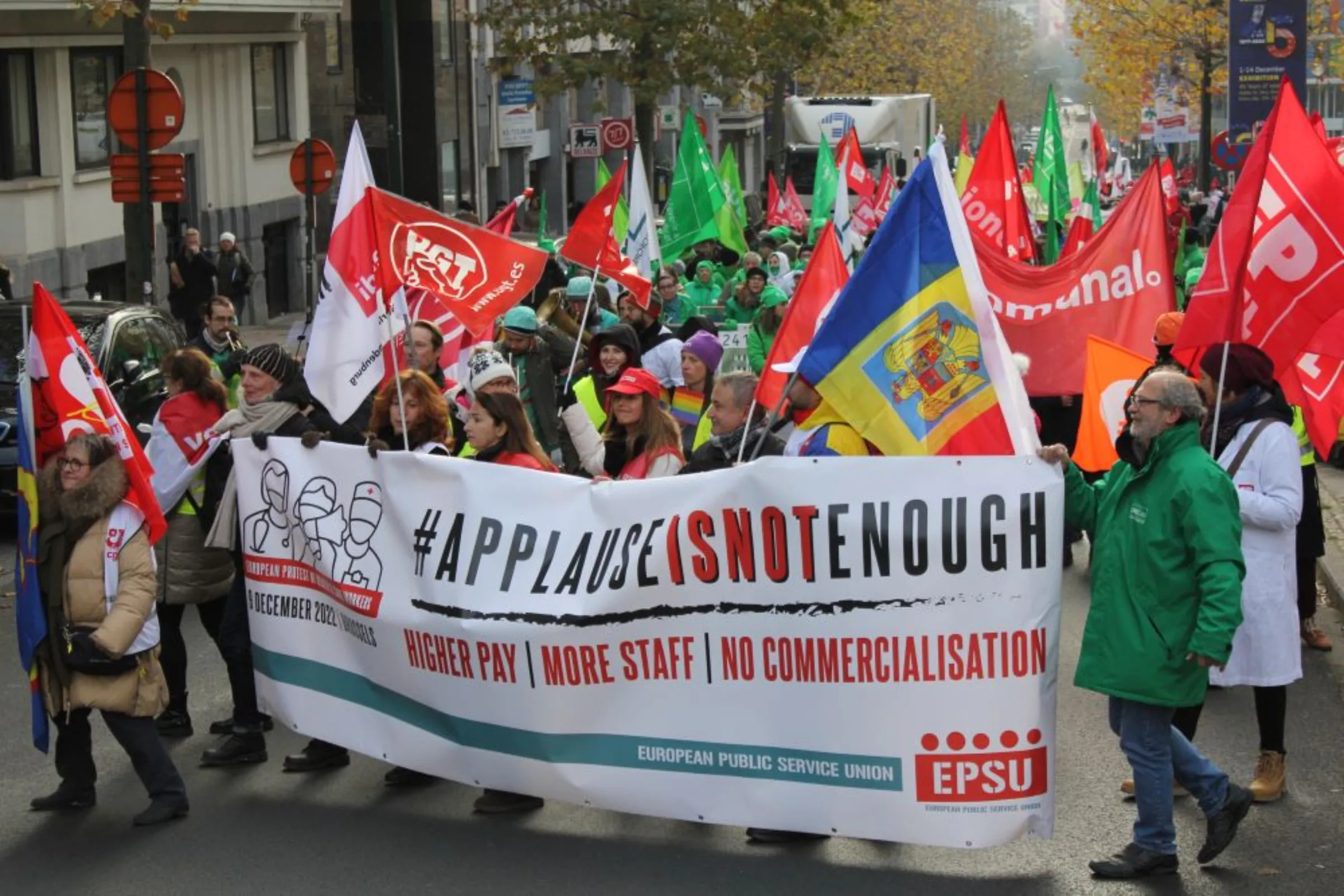 Hundreds of healthcare workers from across Europe demonstrate under the banner 'Applause is Not Enough', calling for more pay, staff and better working conditions. Brussels, Belgium December 9 2022. Thomson Reuters Foundation/ Joanna Gill