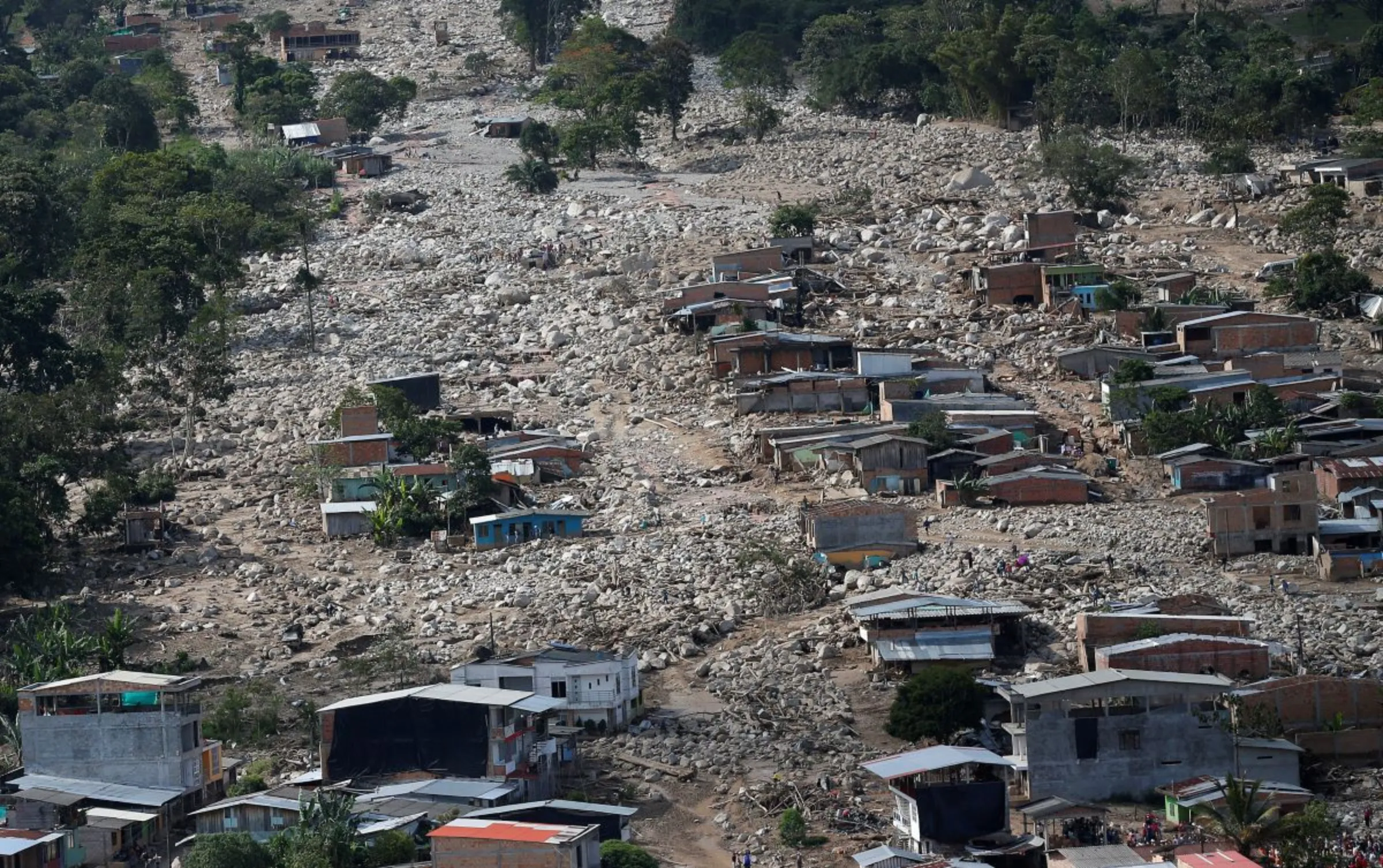 Aerial view of a neighborhood destroyed after flooding and mudslides caused by heavy rains leading several rivers to overflow, pushing sediment and rocks into buildings and roads, in Mocoa, Colombia April 3, 2017. REUTERS/Jaime Saldarriaga