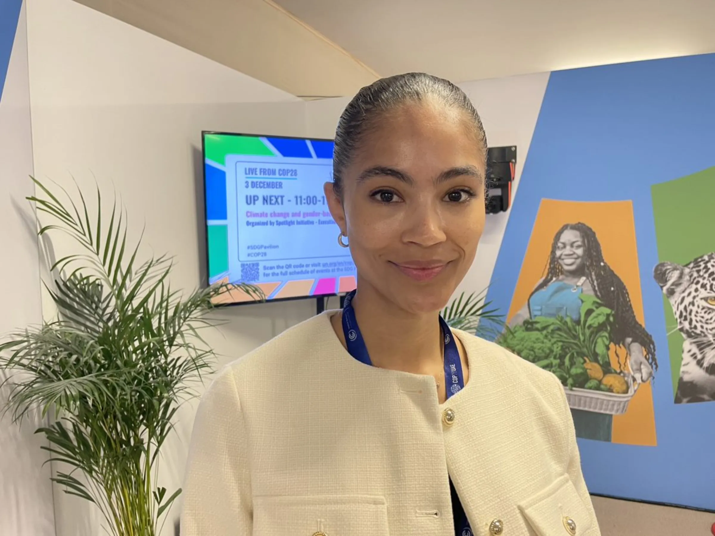 Tech commentator Sinead Bovell poses for a photo during the United Nations Climate Change Conference (COP28) in Dubai, United Arab Emirates, December 3, 2023. Thomson Reuters Foundation/Jack Graham