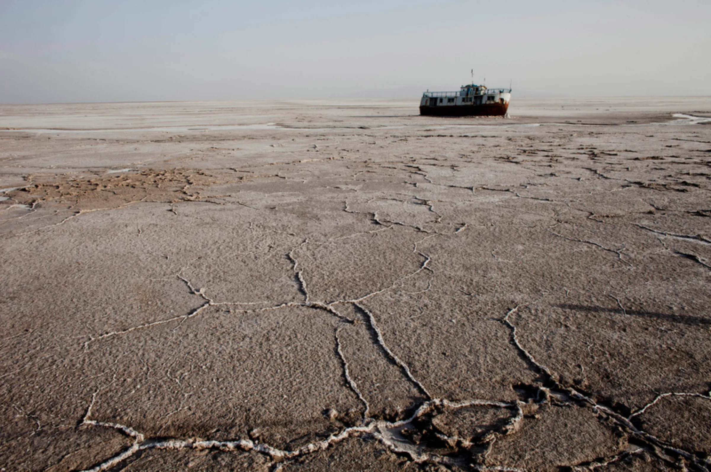 A ship lies stranded in the growing salt flats of drying Lake Urmia, in northwestern Iran, August 18, 2012
