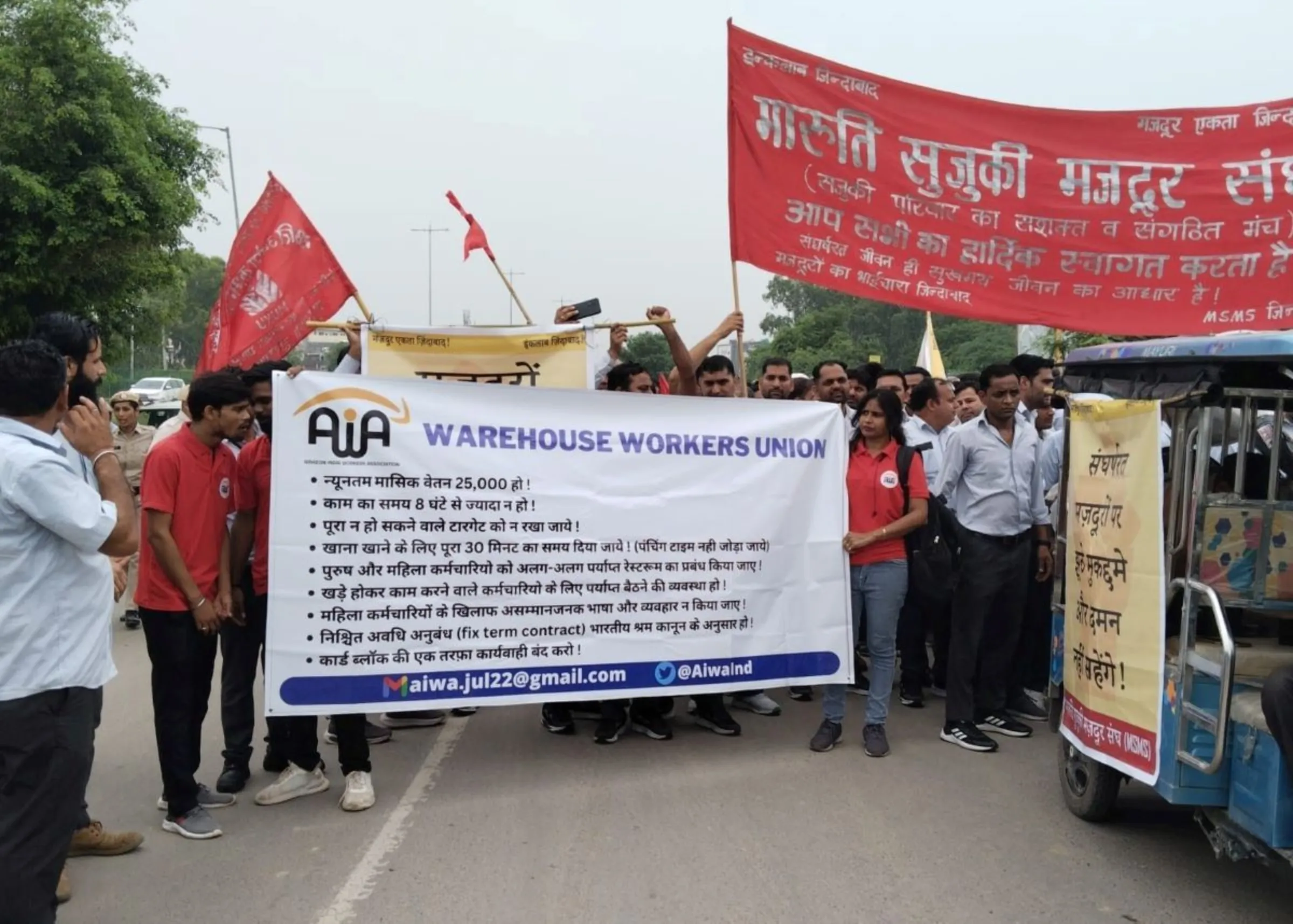 Manju Goel, who is with the Amazon India Workers' Association, at a gig workers' protest in Delhi, India