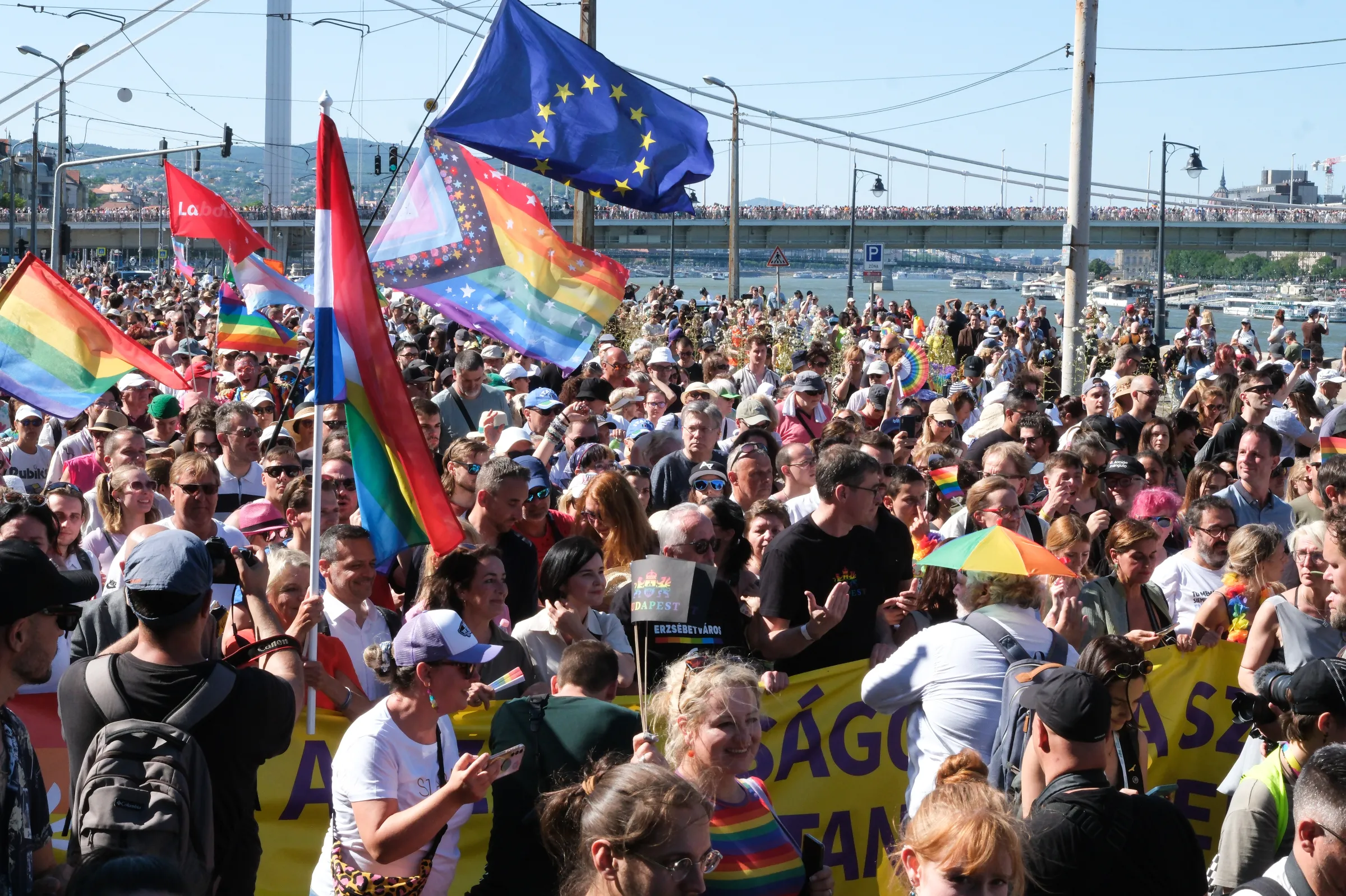 People take part in the Budapest Pride March, which extended over a mile across the Erzsebet Bridge. Budapest, Hungary, June 28, 2025. Thomson Reuters Foundation/Mirja Vogel