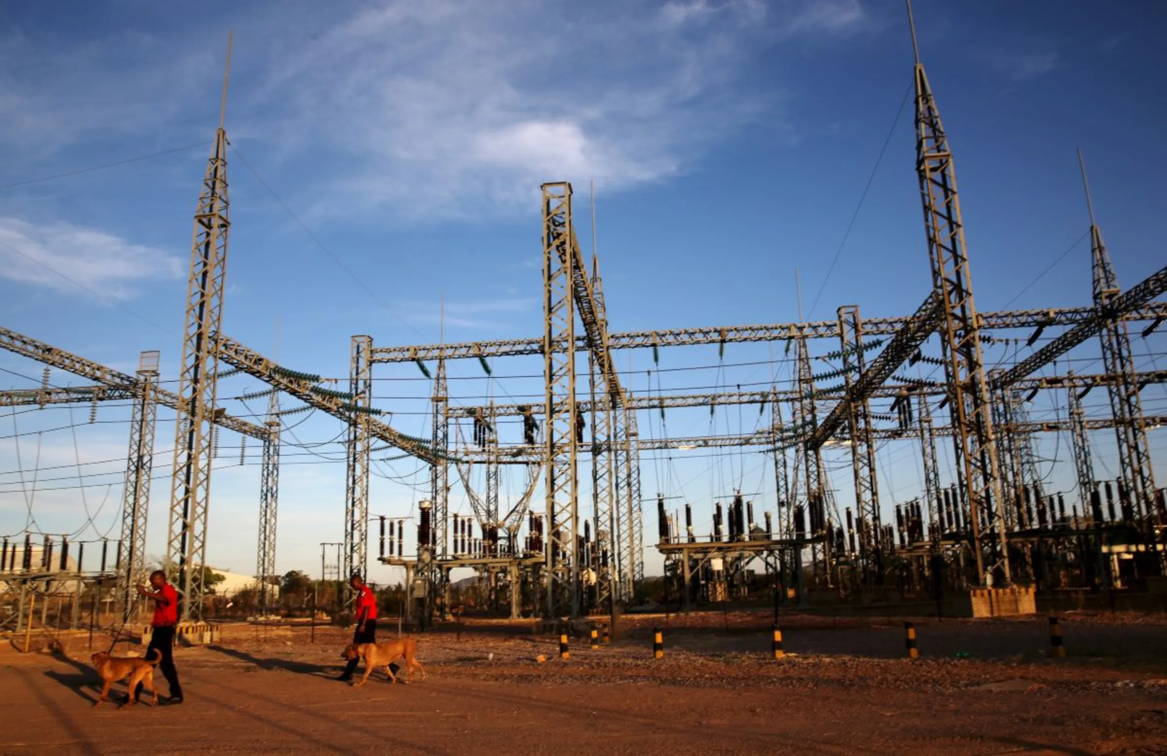 Security guards arrive with dogs for their shift at a power station in Gaborone, Botswana, November 23, 2015. REUTERS/Siphiwe Sibeko