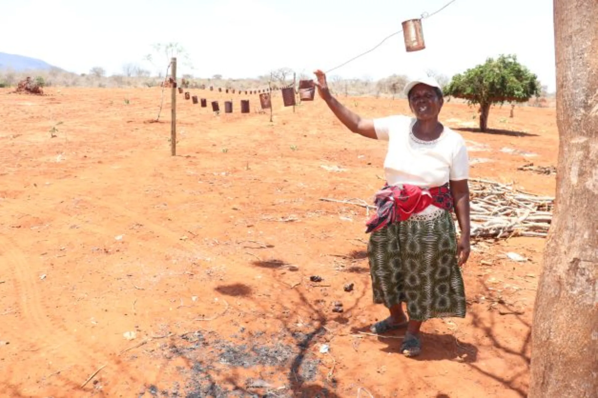 Farmer Charity Wanda stands next to a fence fitted with tin cans that alert local villagers when elephants invade their crops at night, in Mware village, southern Kenya, October 13, 2022. Thomson Reuters Foundation/Dominic Kirui