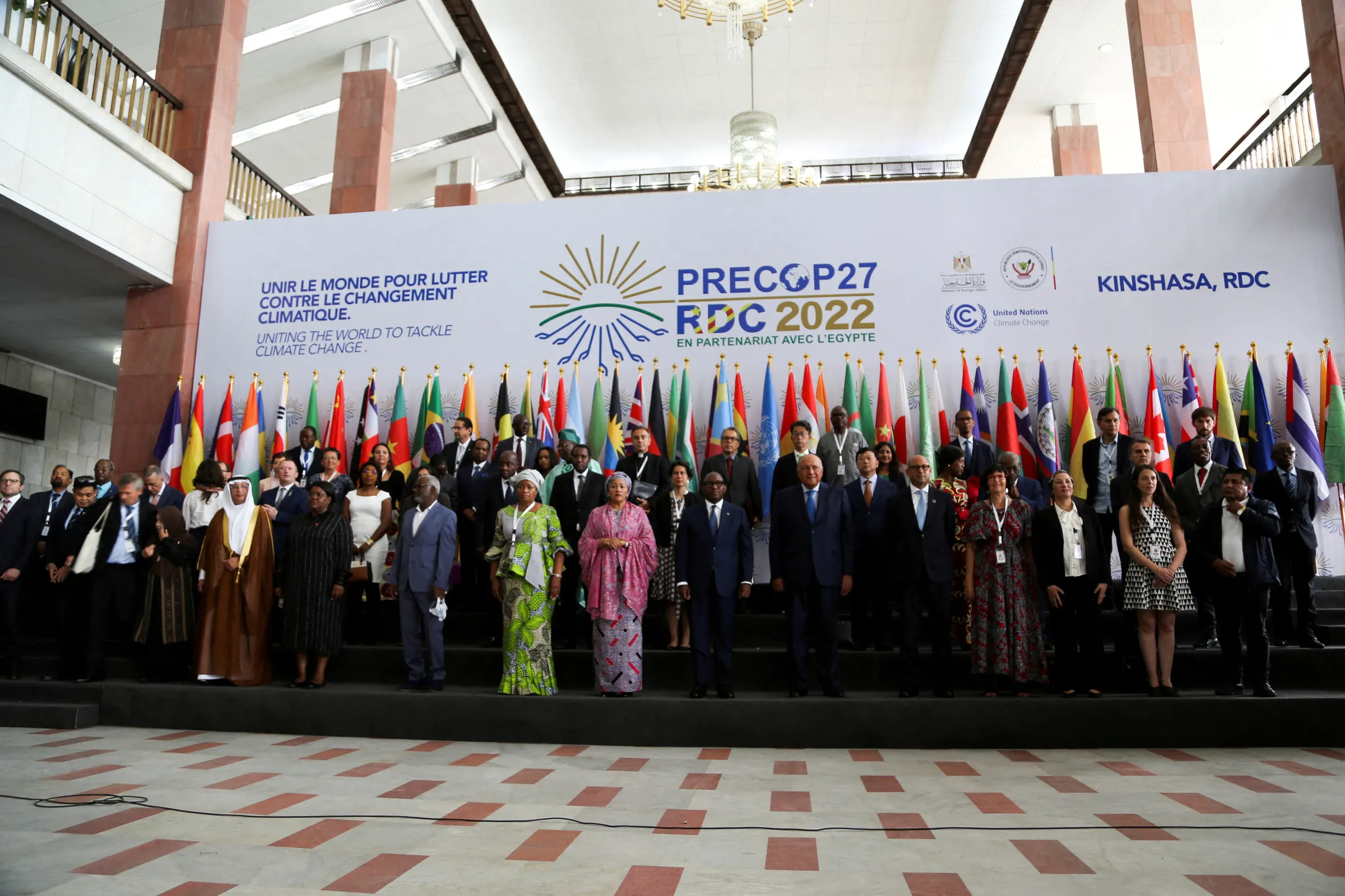 Eve Bazaiba, Deputy Prime Minister for the Environment and Sustainable Development of Democratic Republic of Congo, poses with Amina Mohammed, Deputy Secretary General of the UN, during an informal ministerial meeting ahead of the COP27 climate summit, in Kinshasa, Democratic Republic of Congo October 3, 2022. REUTERS/Justin Makangara