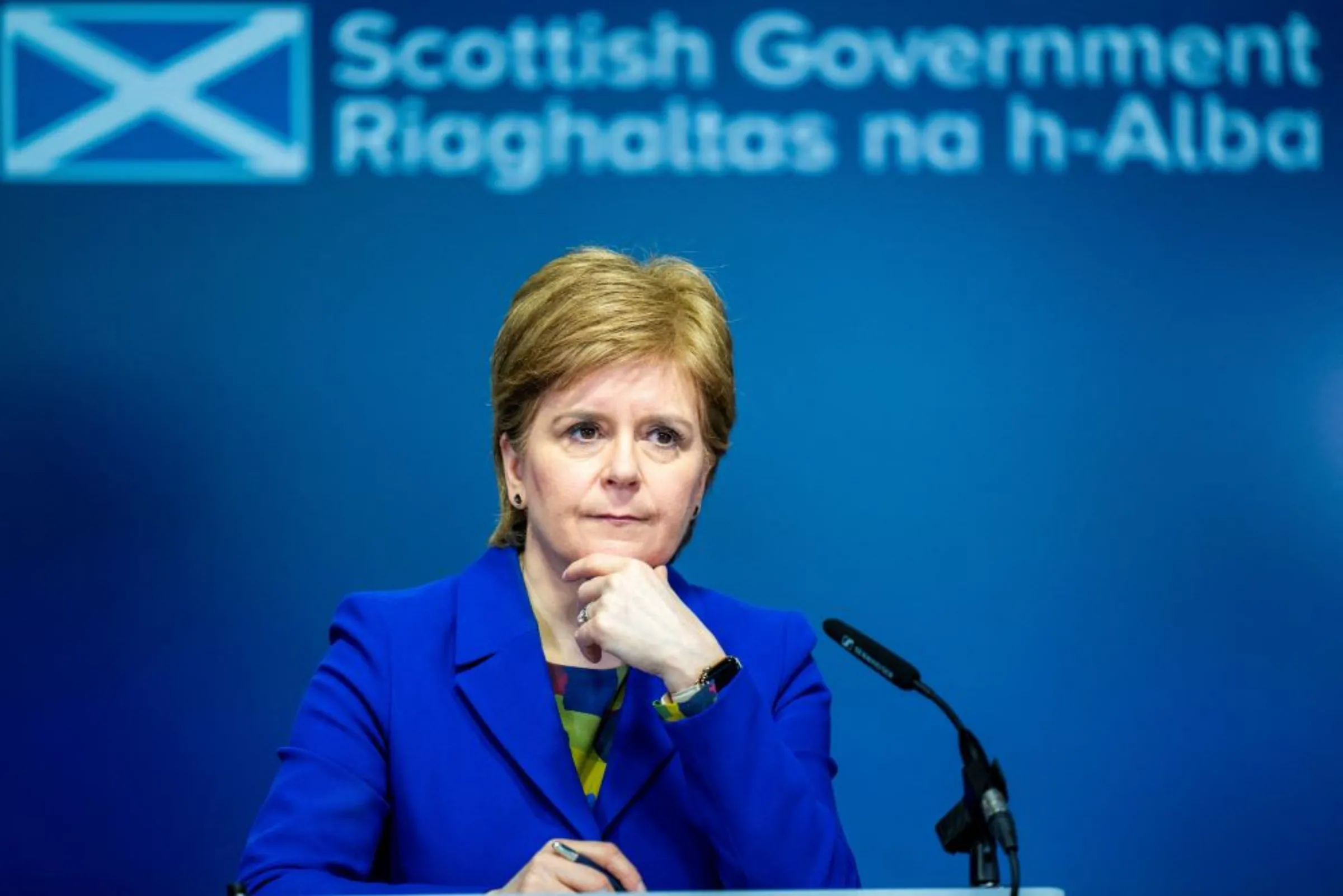 First Minister of Scotland Nicola Sturgeon reacts as she answers questions on Scottish Government issues, during a news conference at St Andrews House, in Edinburgh, Britain February 6, 2023
