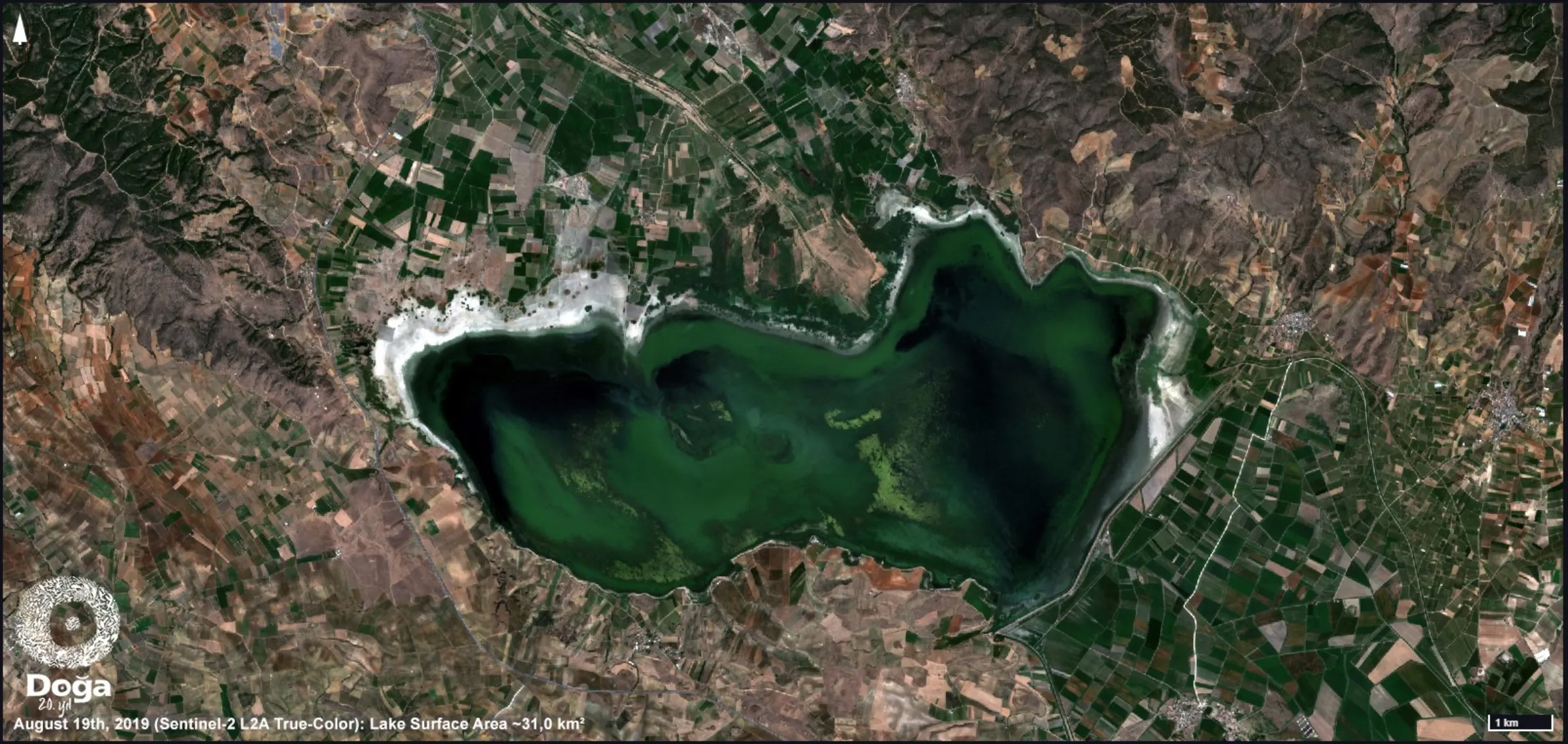 A satellite image showing the surface area of Lake Marmara, Manisa, Turkey August 19, 2019. Doga Dernegi/Handout via Thomson Reuters Foundation