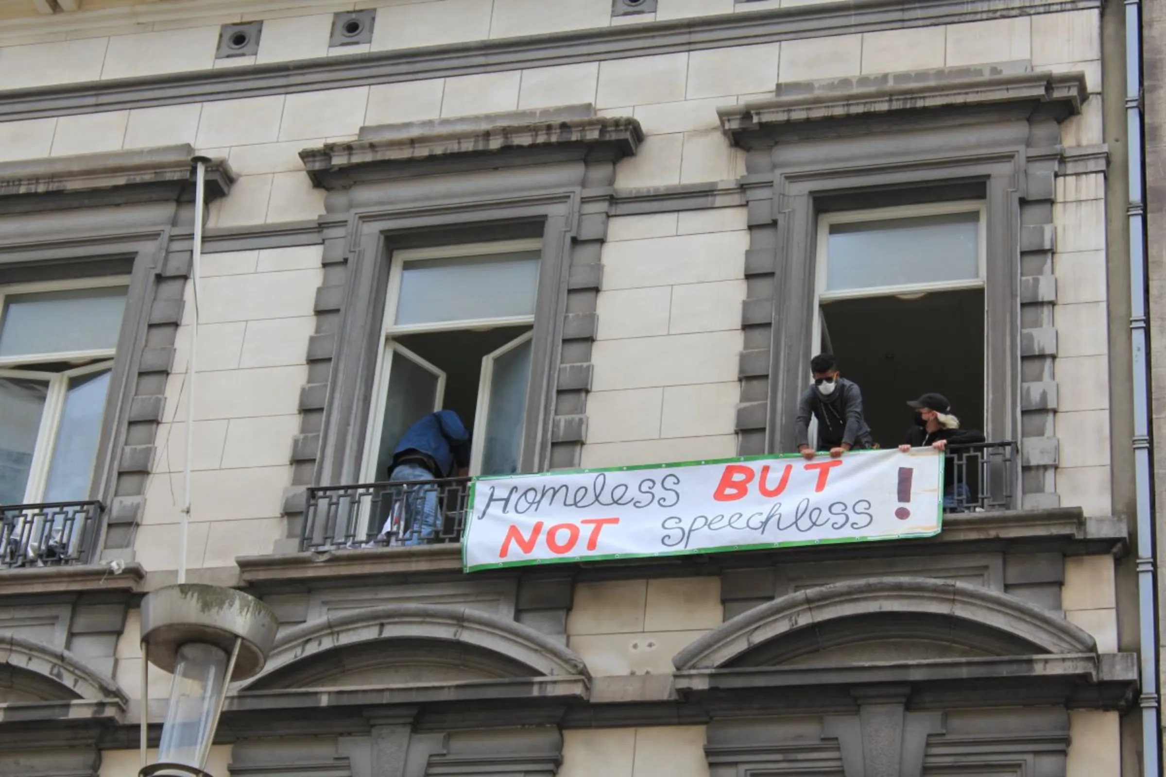 Homeless asylum seekers and citizens demonstrate against eviction from Brussels squat. Belgium August 31 2023