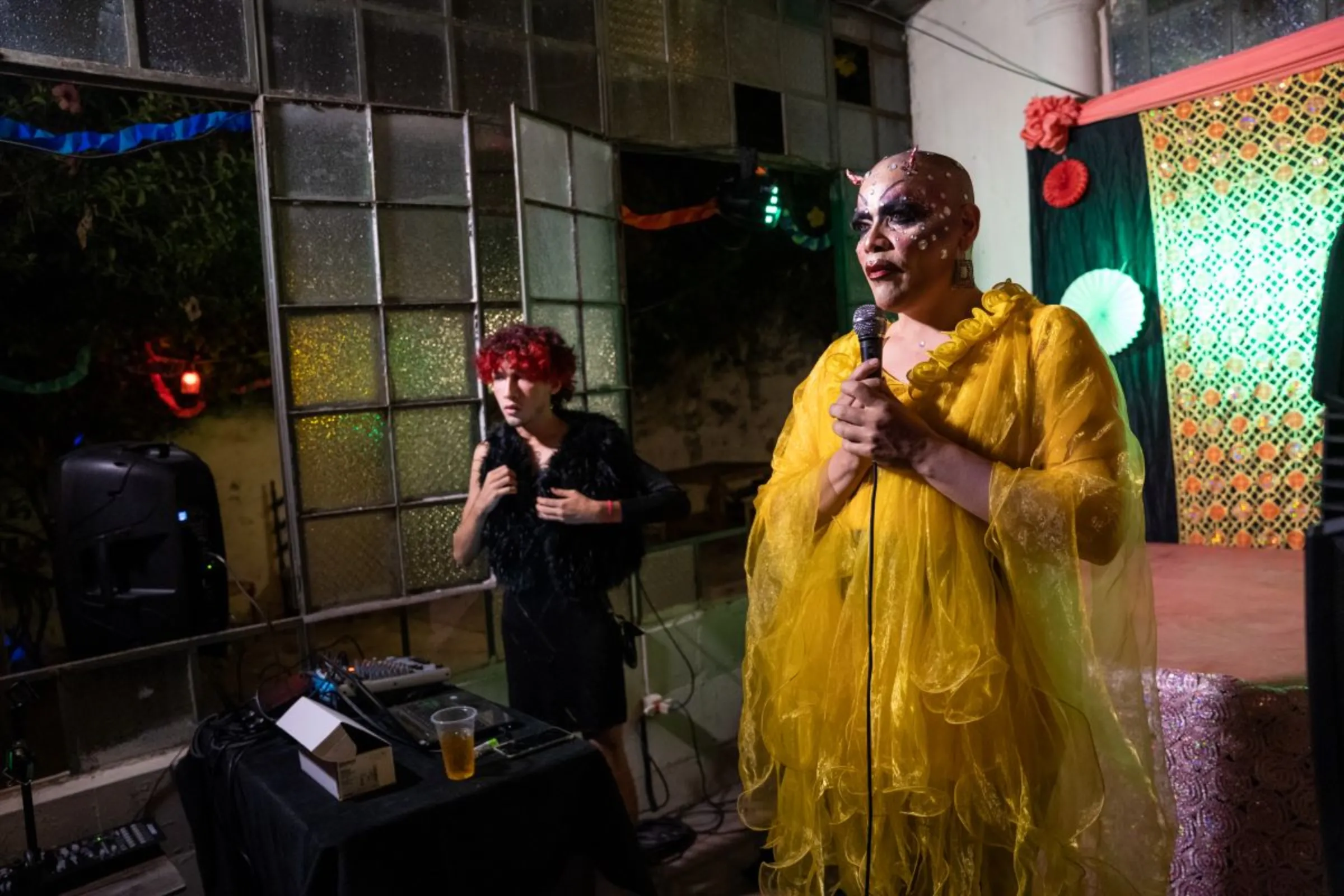 Paraguayan drag mother Envidia Metenes thanks attendees for joining her birthday celebration at the Literaity Cultural Centre in Asunción’s historic city centre, Paraguay, February 22, 2023