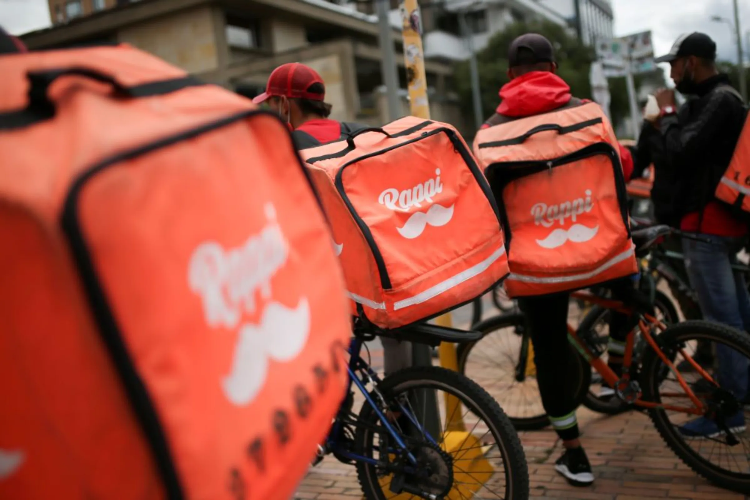 Delivery workers for Rappi and other delivery apps protest as part of a strike to demand better wages and working conditions, amid the coronavirus disease (COVID-19) outbreak, in Bogota, Colombia August 15, 2020