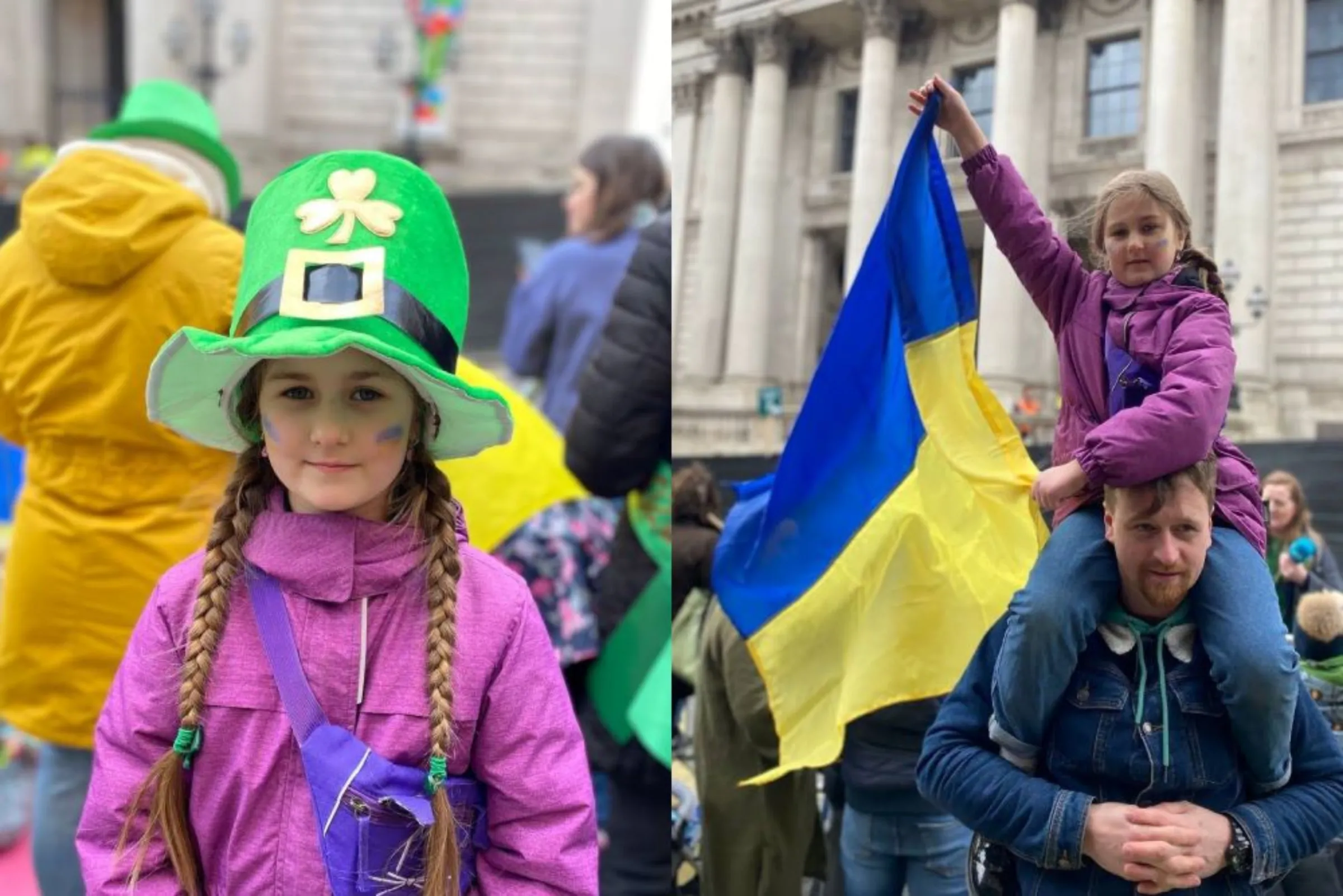 Ukrainian refugee Varvara, 8, attends the St Patrick's Day Parade with her uncle Andriy Koslovskyi in the Irish capital Dublin on March 17, 2022