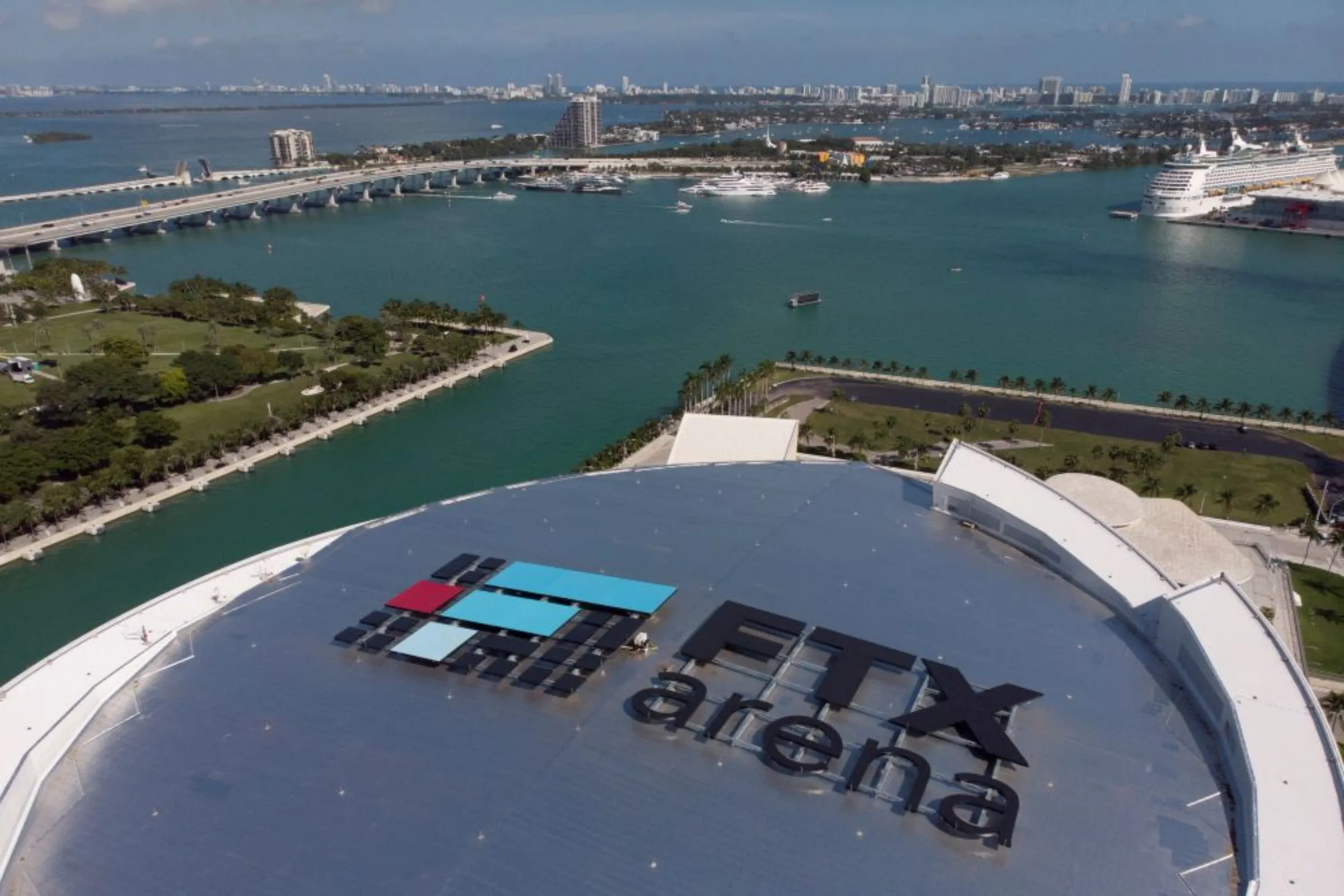 The logo of FTX is seen in the rooftop of the FTX Arena in Miami, Florida, U.S., November 12, 2022