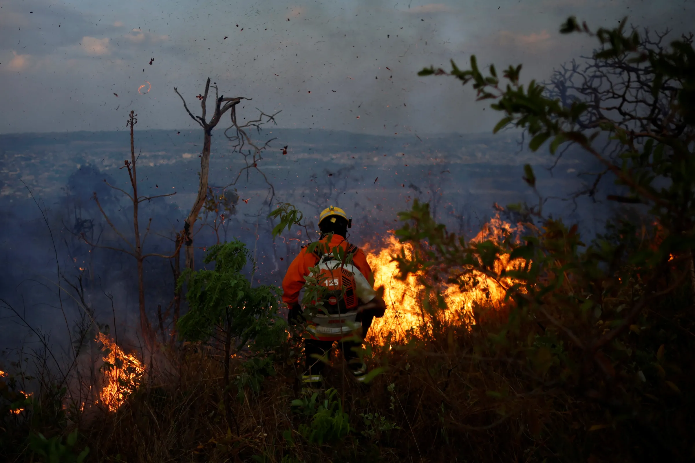 A firefighter works to extinguish a wildfire in an area of Contagem Biological Reserve, in Brasilia, Brazil, September 24, 2024. REUTERS/Adriano Machado