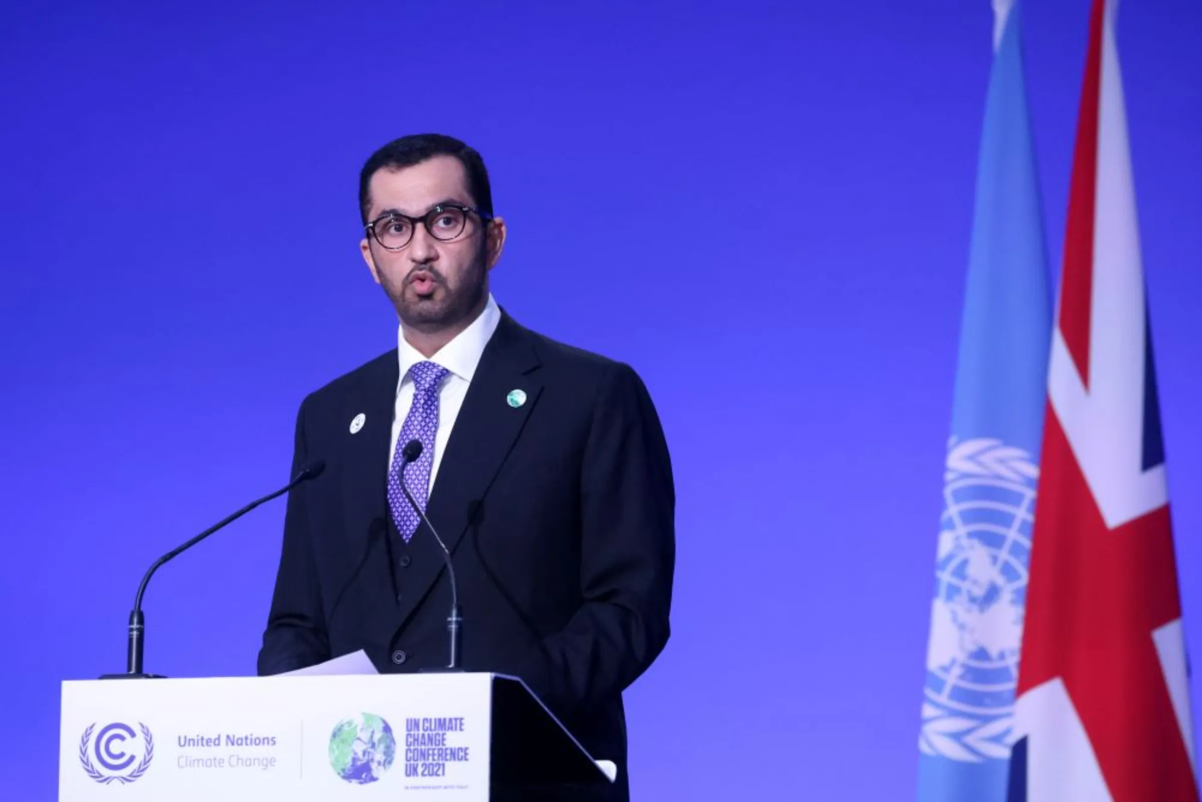 United Arab Emirates' Minister of Industry and Advanced Technology, and CEO of the Abu Dhabi National Oil Company, Sultan Ahmed Al Jaber speaks during the UN Climate Change Conference (COP26), in Glasgow, Scotland, Britain, November 10, 2021. REUTERS/Yves Herman
