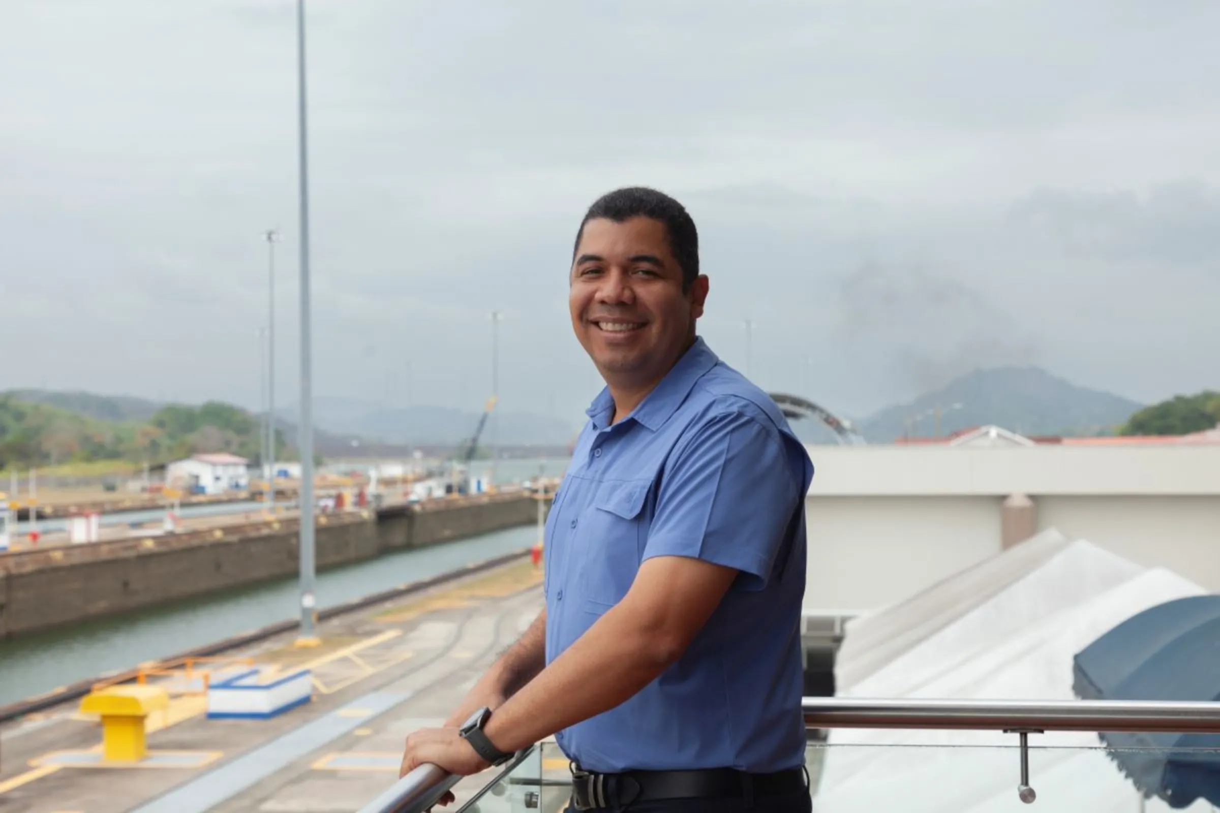 Erick Córdoba, manager of the Panama Canal's water division, stands near the Miraflores locks, Panama, February 15, 2024. Thomson Reuters Foundation/Enea Lebrun.