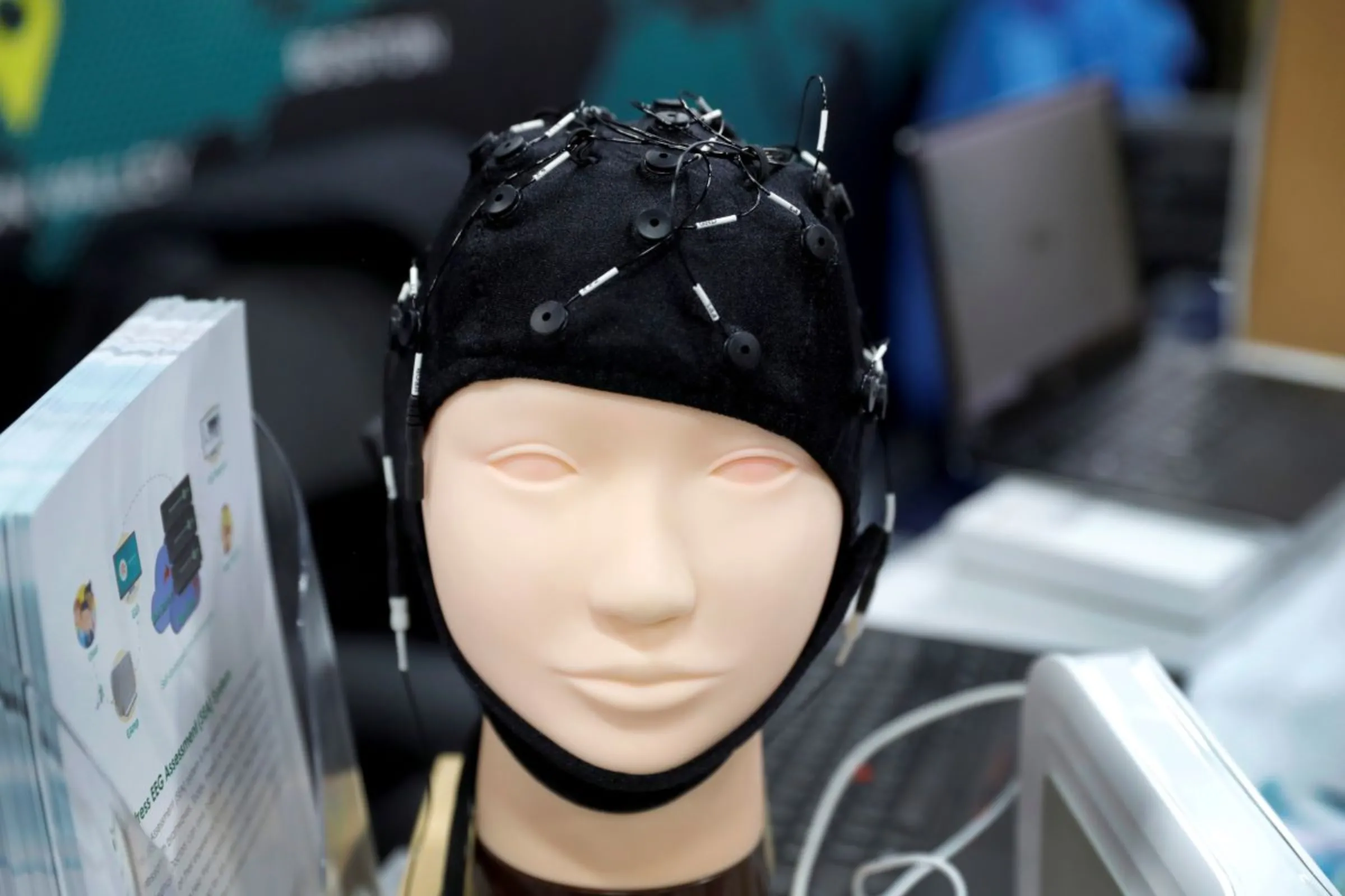 An electrode cap, part of a stress EEG assessment system, is displayed in the Hipposcreen Neurotech booth at CES Unveiled during the 2020 CES in Las Vegas, Nevada, U.S. January 5, 2020. REUTERS/Steve Marcus