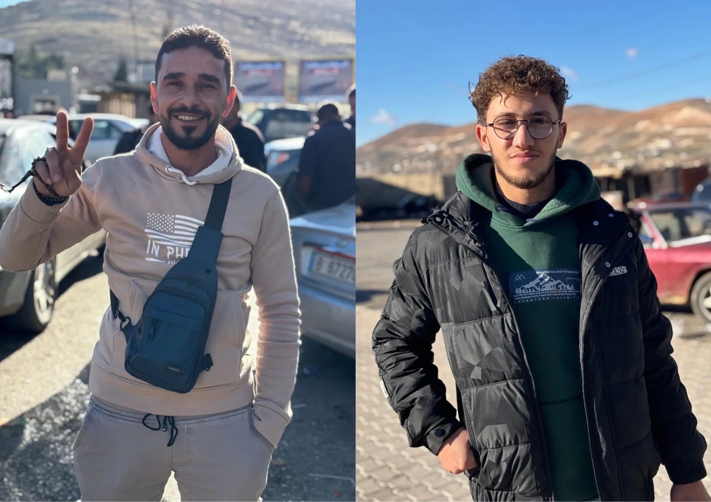 Majed Mazinco, 31, (L) and Hasan Nawas, 19, (R) wait on the Lebanese side of the border with Syria in Masnaa, Lebanon, December 13,2024. Thomson Reuters Foundation/Nazih Osseiran
