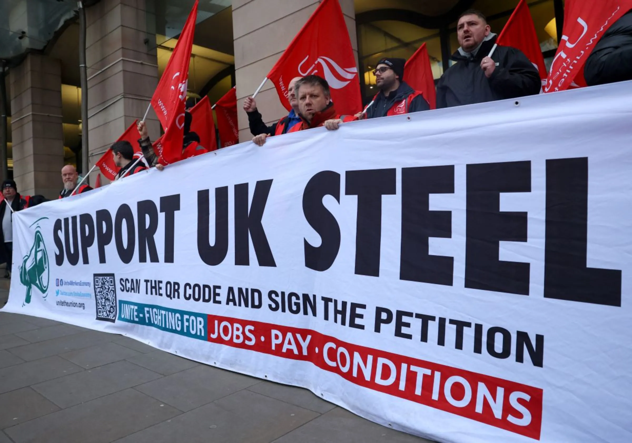 Tata Steel workers and supporters protest against the Indian company's decision to potentially close its blast furnaces in Port Talbot, Wales, near the Houses of Parliament in London, Britain, January 31, 2024. REUTERS/Toby Melville