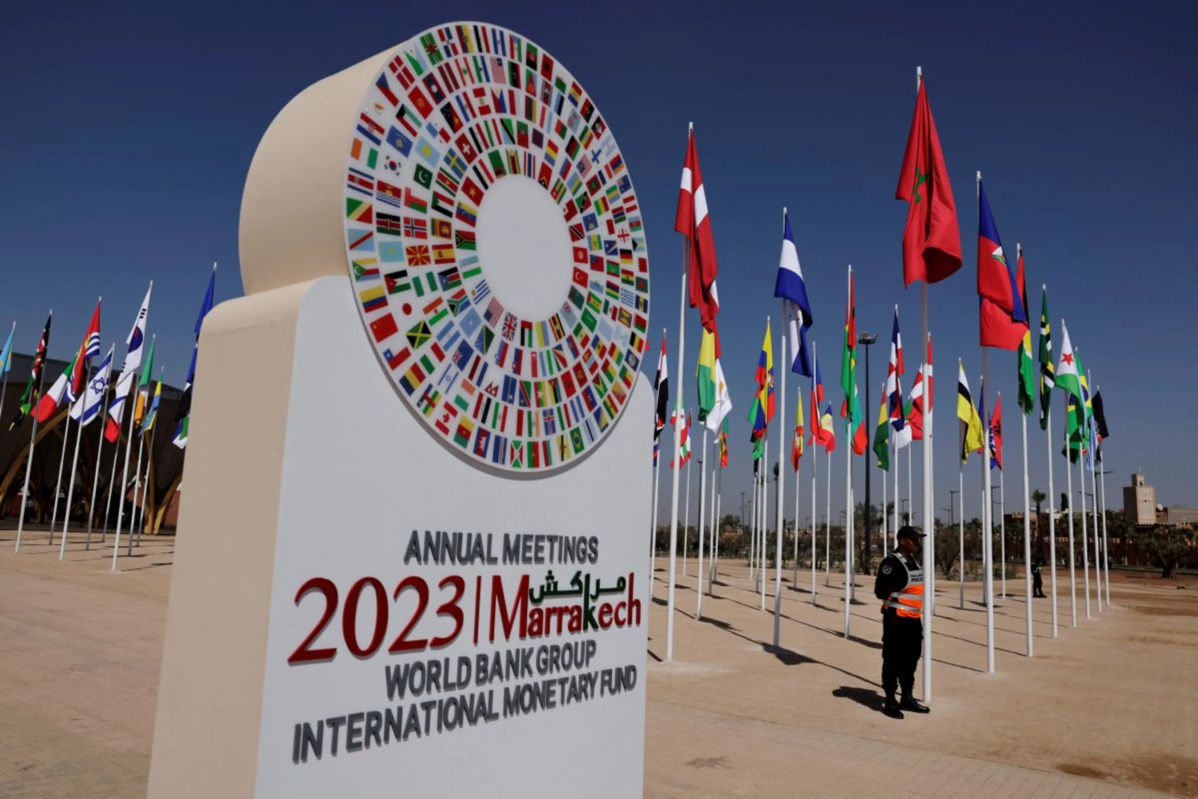 A police officer stands guard next to the main entrance to the venue for the upcoming meetings of the International Monetary Fund and the World Bank, following last month's deadly earthquake, in Marrakech, Morocco October 8, 2023