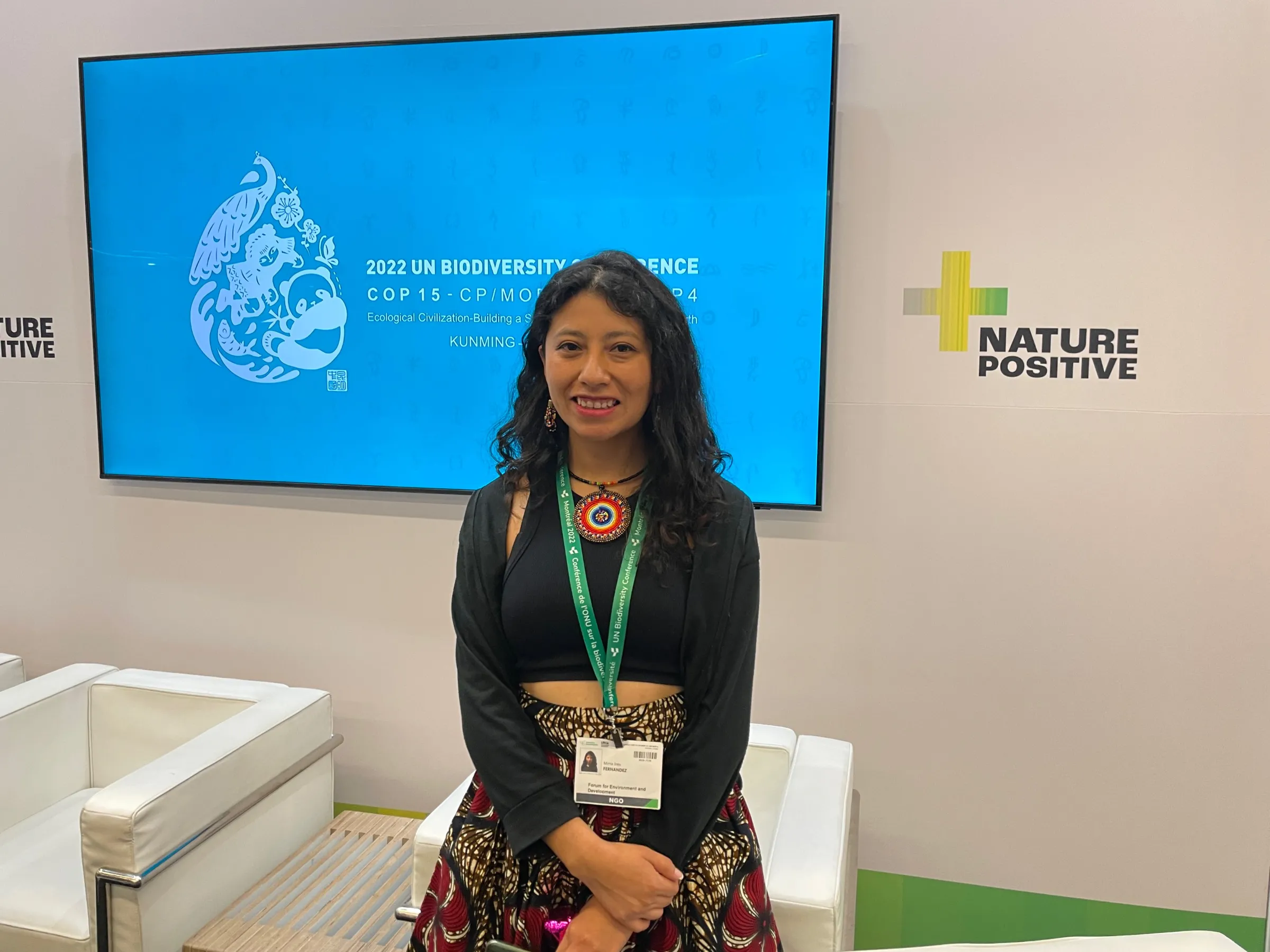 Mirna Ines Fernández, policy co-coordinator for the Global Youth Biodiversity Network, poses in the 'Nature Positive' pavilion at the COP15 summit in Montreal, 16 December, 2022. Thomson Reuters Foundation / Jack Graham