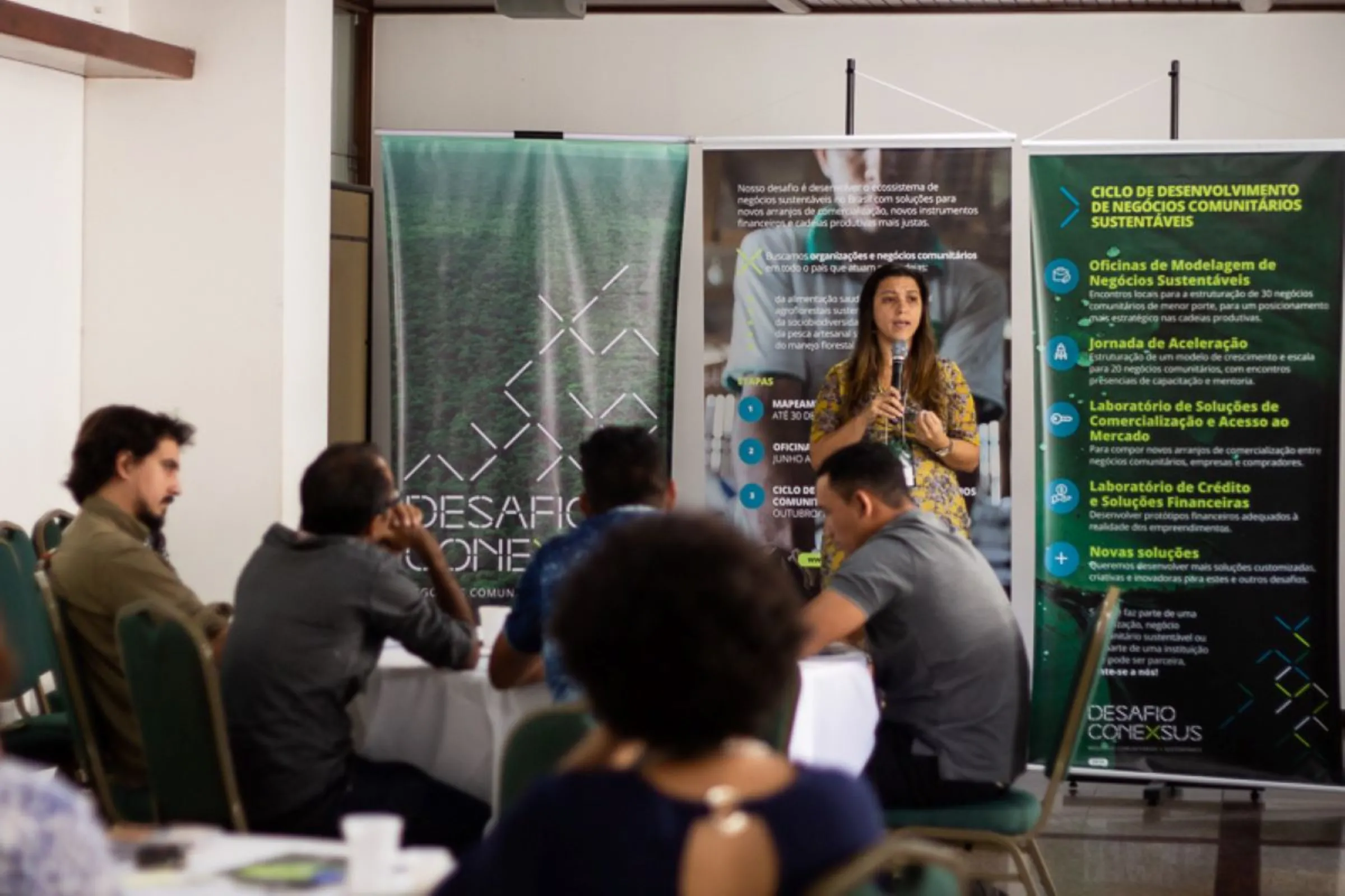 Carina Pimenta, a co-founder of Brazilian non-profit Conexsus, speaks at the organization's first office in Brazil in 2018. Pimenta in 2023 was named National Secretary for the Bioeconomy in the government of President Luiz Inácio Lula da Silva. Conexsus/Handout Via Thomson Reuters Foundation.