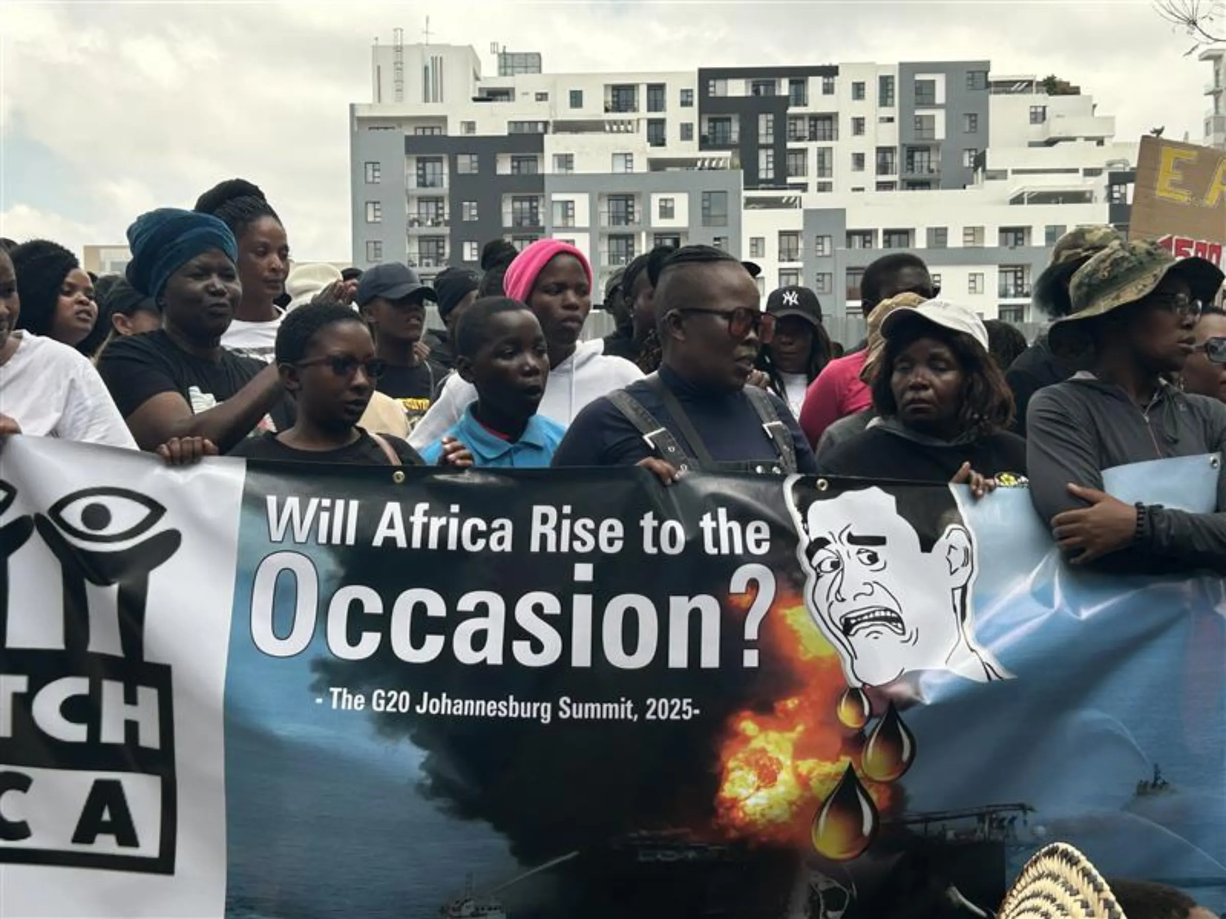 Protesters march to Total Energies offices to demand an end to mining-related human rigths abuses and for Africans to have more of a say over critical minerals in Johannesburg, South Africa. November 20, 2025. Thomson Reuters Foundation/Kim Harrisberg
