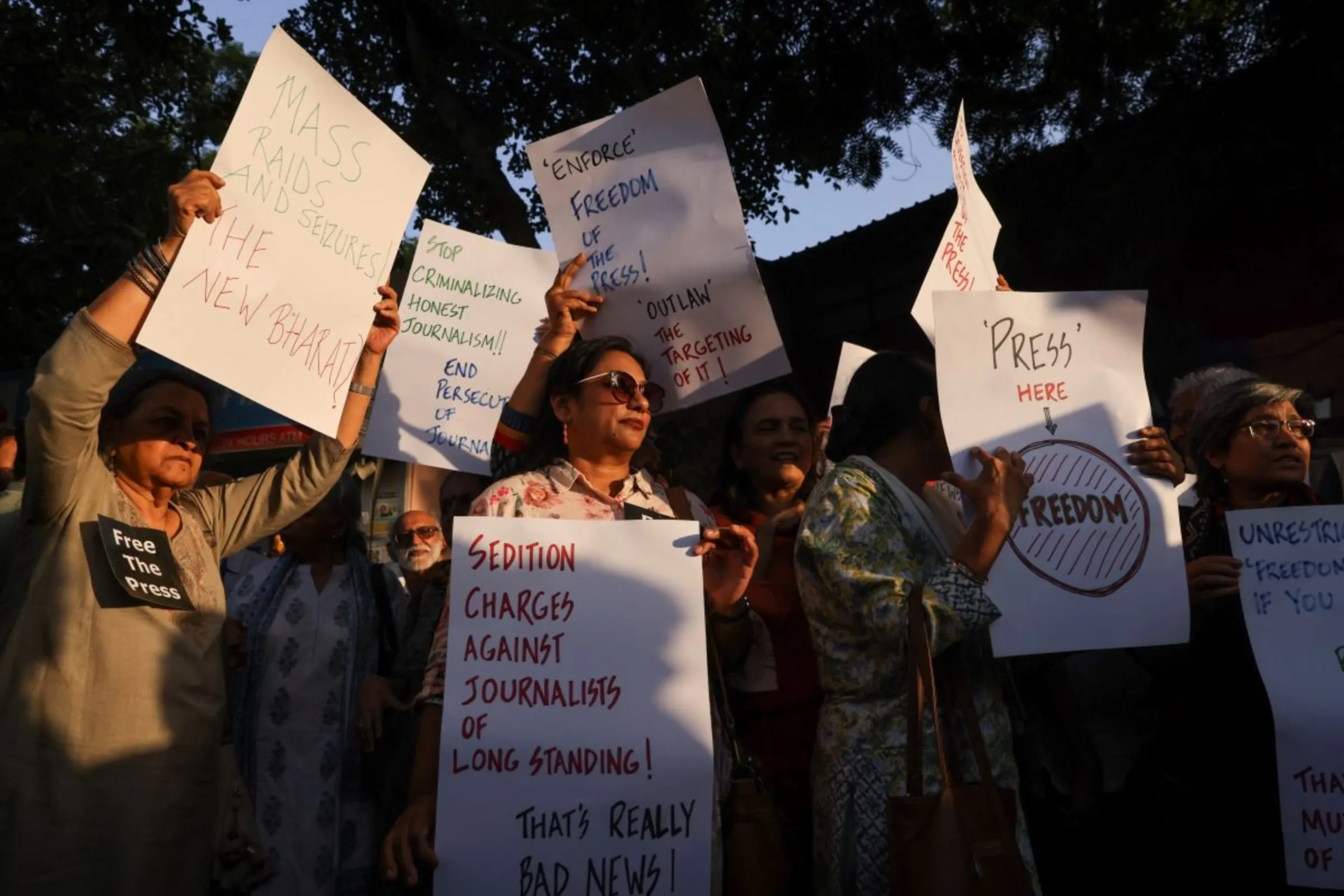 Members of the media protest after the Indian police raided the New Delhi office of a news portal and the homes of journalists and writers linked to it on Tuesday, at Press Club in New Delhi, India, October 4, 2023