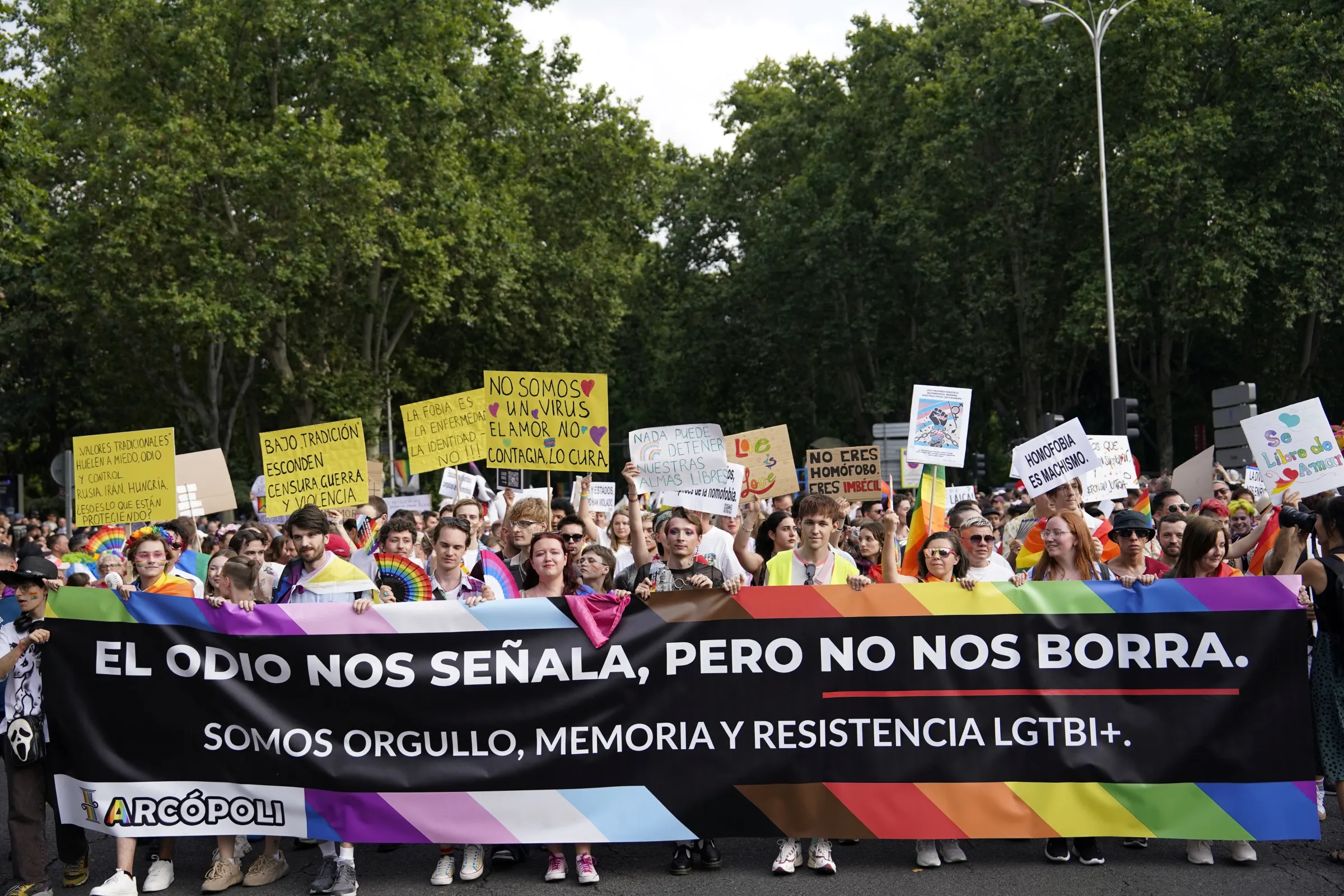 People hold a banner reading 'Hate marks us, but does not erase us. We are LGTBI+ pride, memory and resistance' during the annual LGBT Pride Parade in Madrid, Spain, July 5, 2025. REUTERS/Ana Beltran