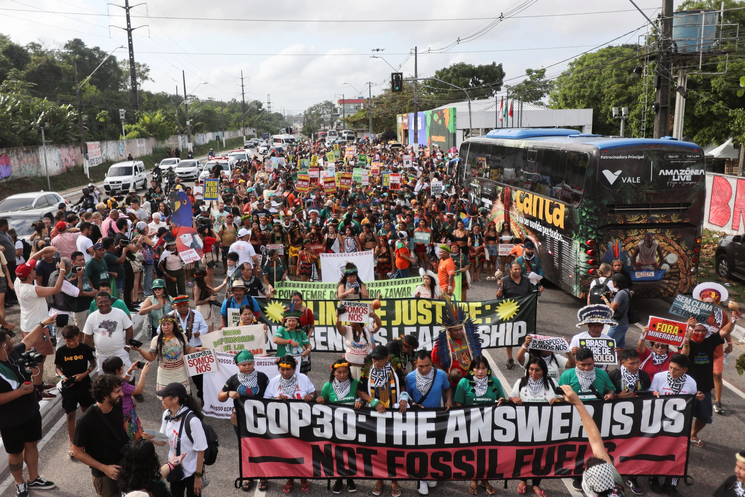 Indigenous people attend a protest to call for climate justice and territorial protection during the U.N. Climate Change Conference (COP30), in Belem, Brazil, November 17, 2025. REUTERS/Anderson Coelho