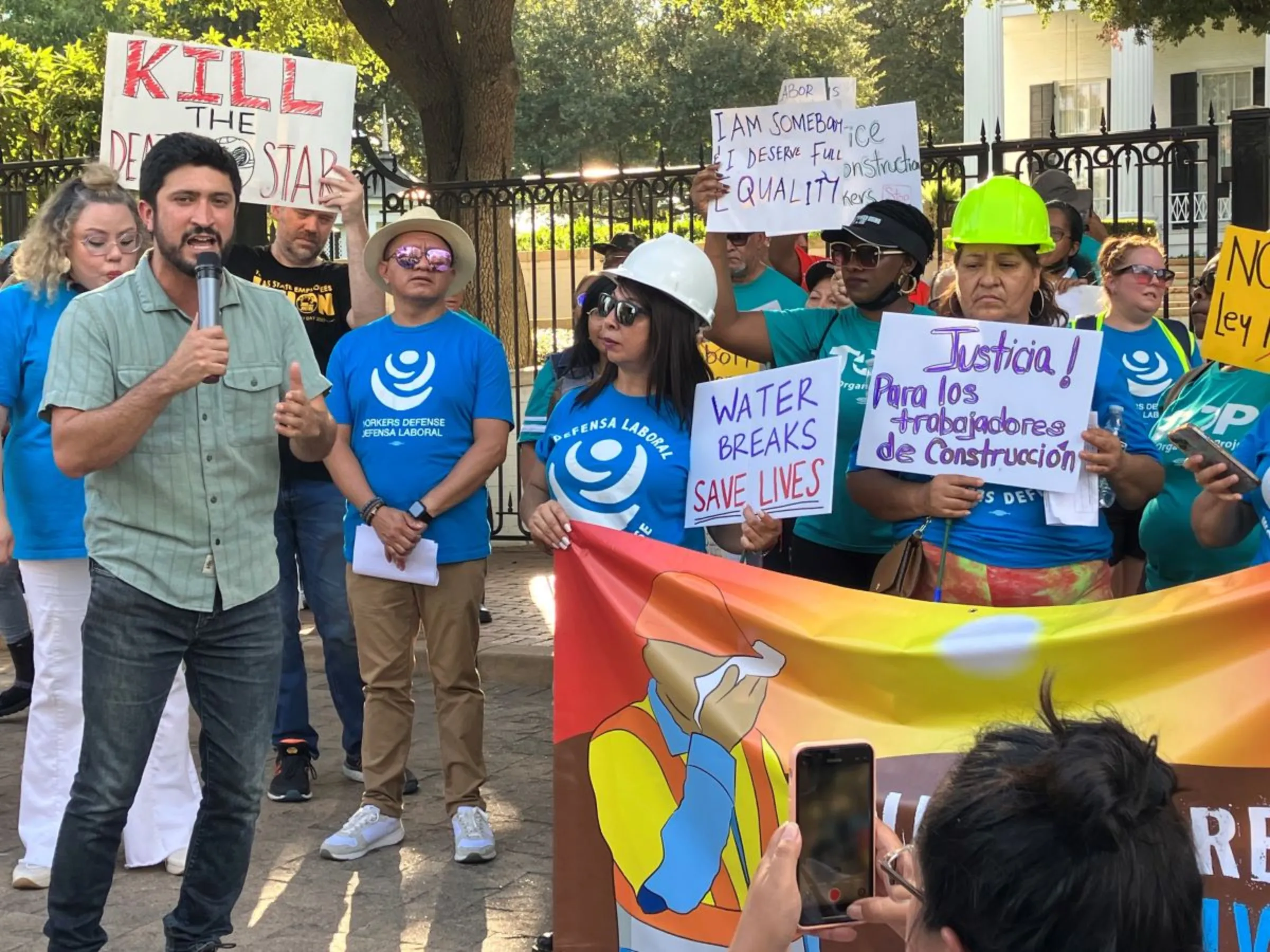 U.S. Rep. Greg Casar of Texas speaks alongside advocates pushing for heat safety protections for workers at an event outside of the Governor’s Mansion in Austin, Texas, September 7, 2023. Workers Defense Action Fund/handout via Thomson Reuters Foundation