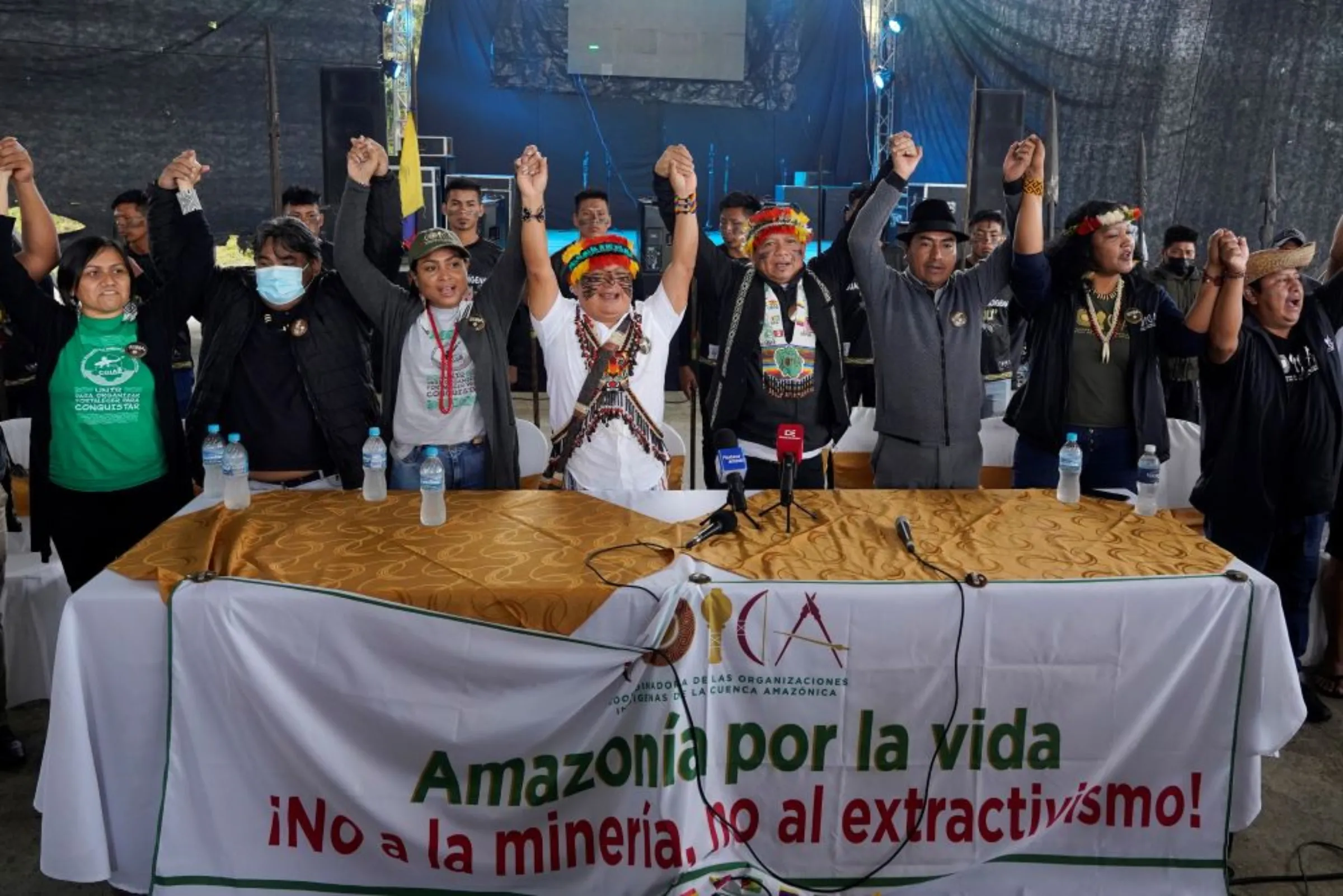 Leaders from indigenous communities in the Amazon basin gesture at a news conference, in Union Base, Ecuador March 15, 2022