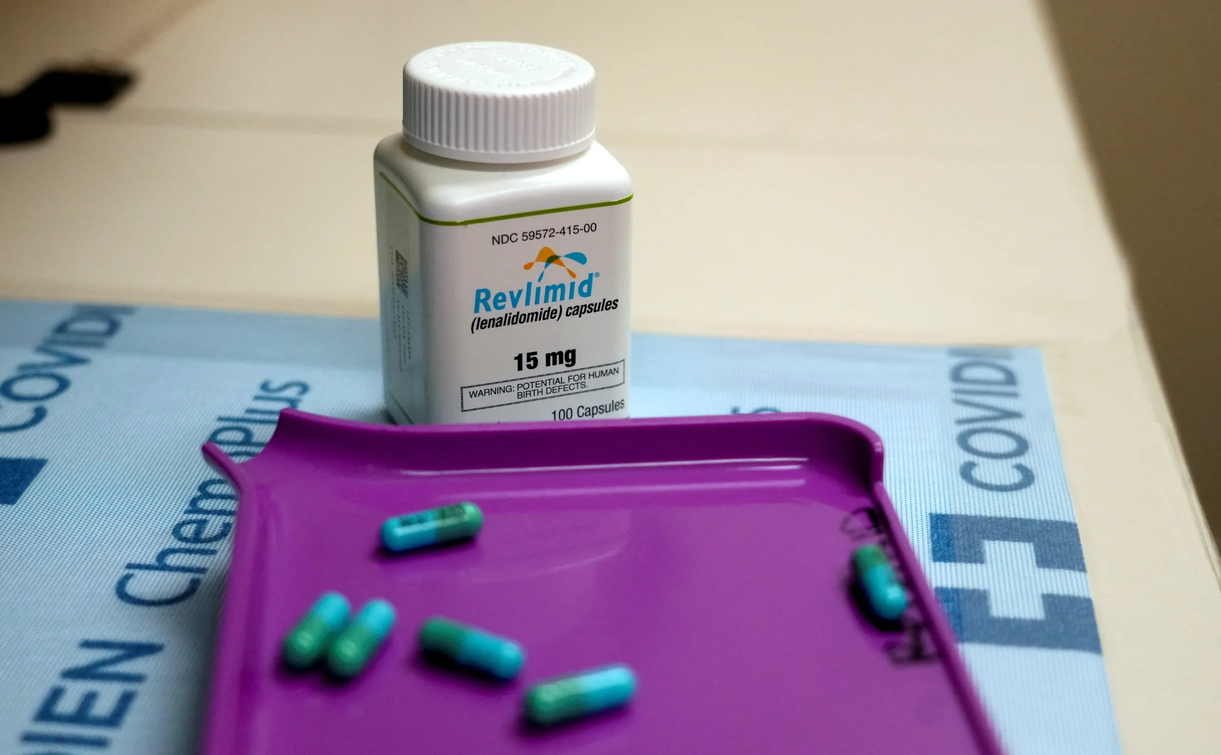 A bottle of Revlimid and pills are seen at the Huntsman Cancer Institute at the University of Utah in Salt Lake City, Utah, U.S., July 22, 2022. REUTERS/George Frey