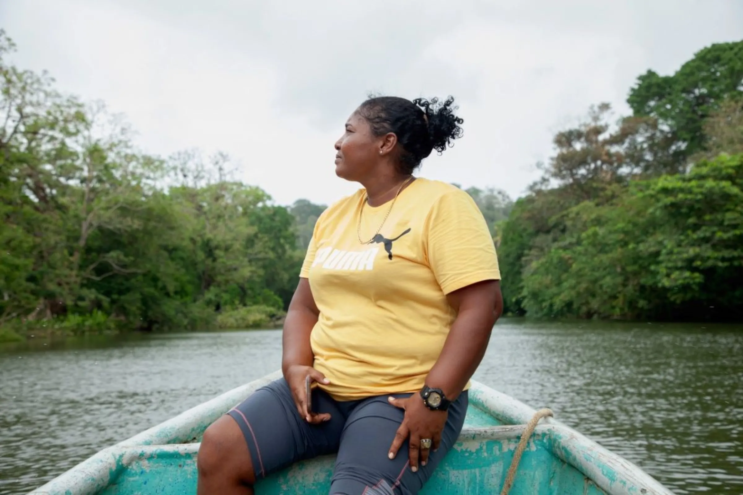 River Indio Bajo community leader, Yaritza Marin, at the River Indio where Panama Canal authorities hope to build a new reservoir to store water needed to operate the canal locks, Panama, February 16, 2024. Thomson Reuters Foundation/Enea Lebrun.