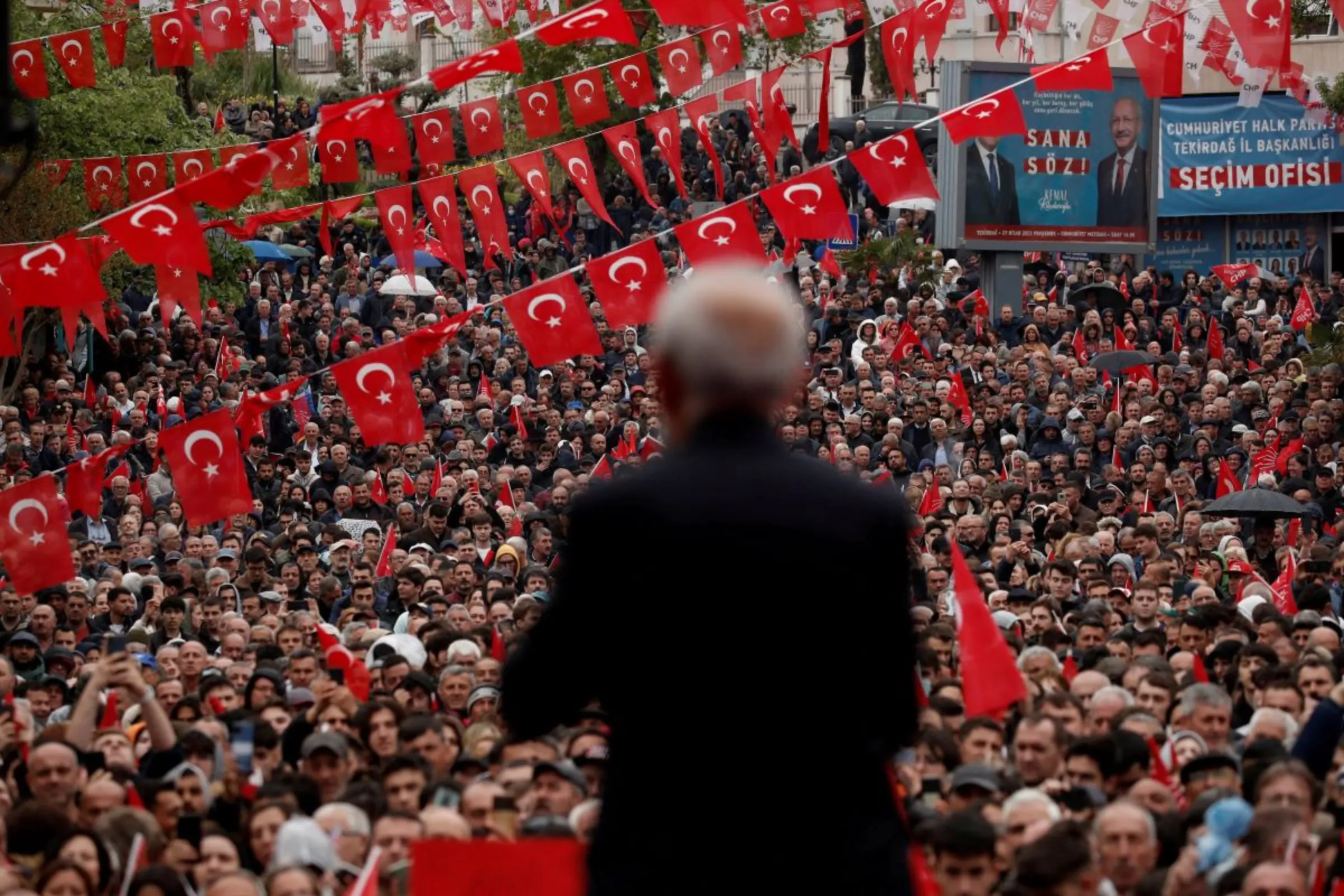 Kemal Kilicdaroglu, presidential candidate of Turkey's main opposition alliance, addresses his supporters during a rally ahead of the May 14 presidential and parliamentary elections, in Tekirdag, Turkey April 27, 2023