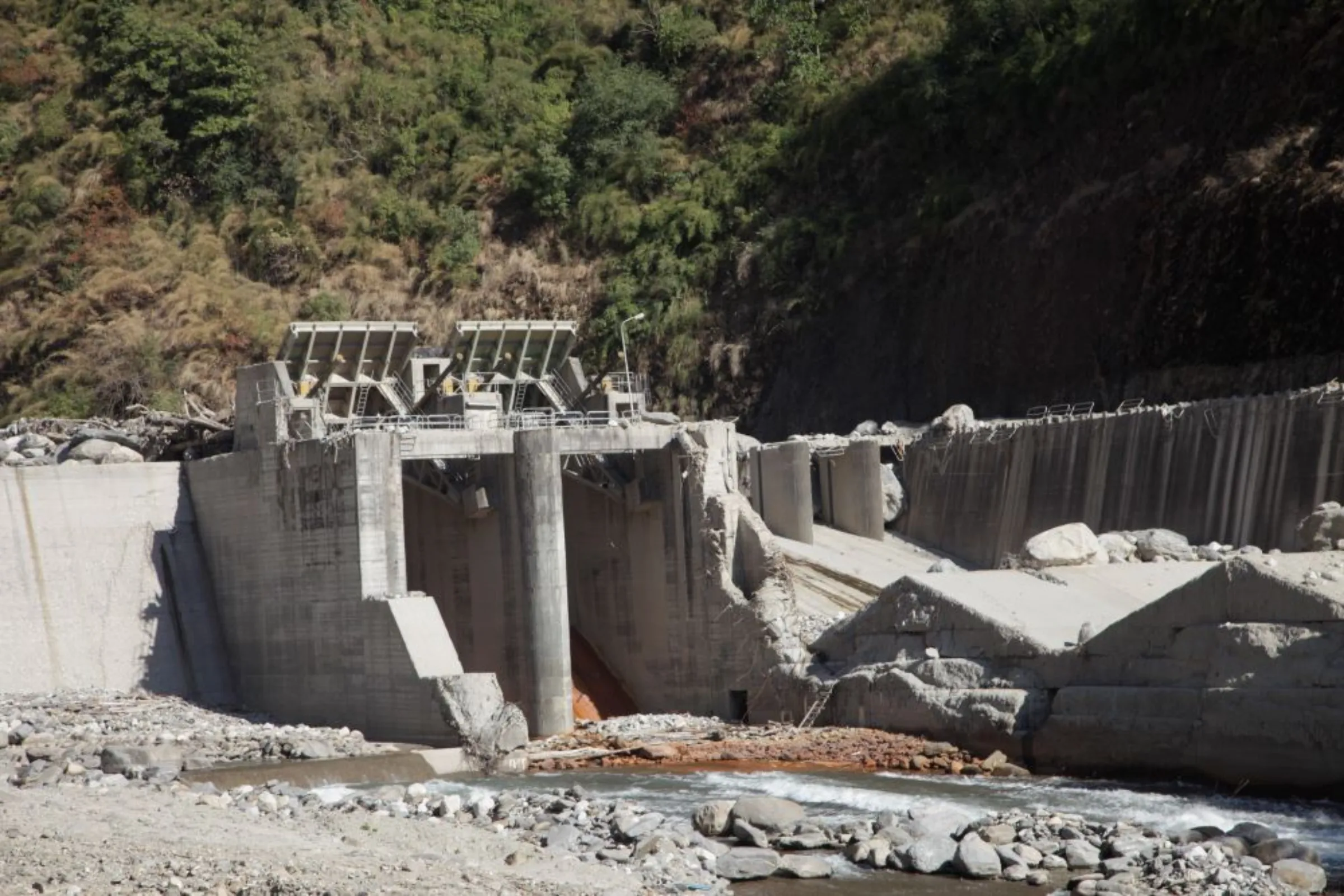A view of the damaged Bhotekoshi hydropower dam after damage by a glacial lake outburst flood in 2016. Photo taken December 25, 2016