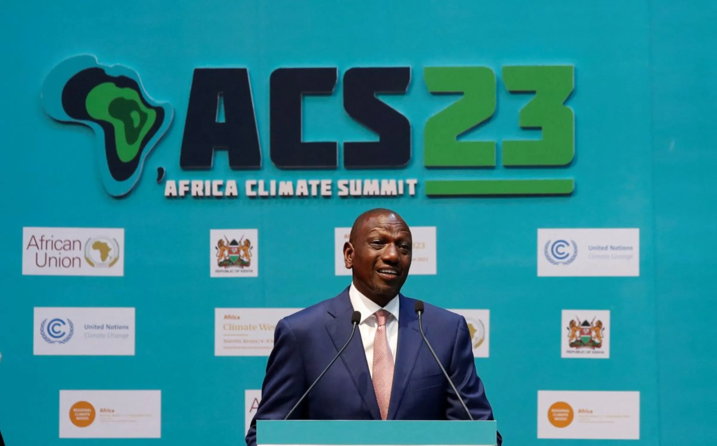 Kenya's President William Ruto addresses delegates during the Africa Climate Summit (ACS) 2023 at the Kenyatta International Convention Centre (KICC) in Nairobi, Kenya, September 5, 2023