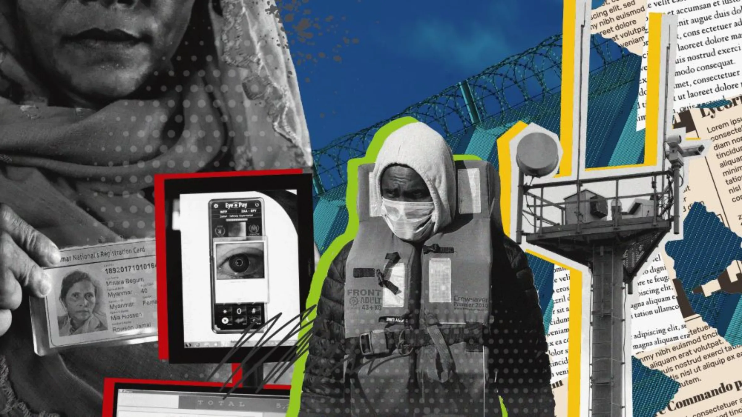 An illustration photo shows - from left to right - a woman holding a national identity card, an eye on a phone screen, a man in a mask and a life vest, and a surveillance tower on a background of newspaper clippings and barbed wire. Thomson Reuters Foundation/Nura Ali